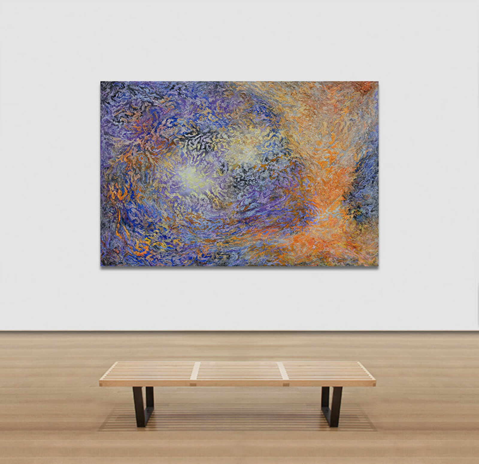 A painting of a purple and orange abstract painting.