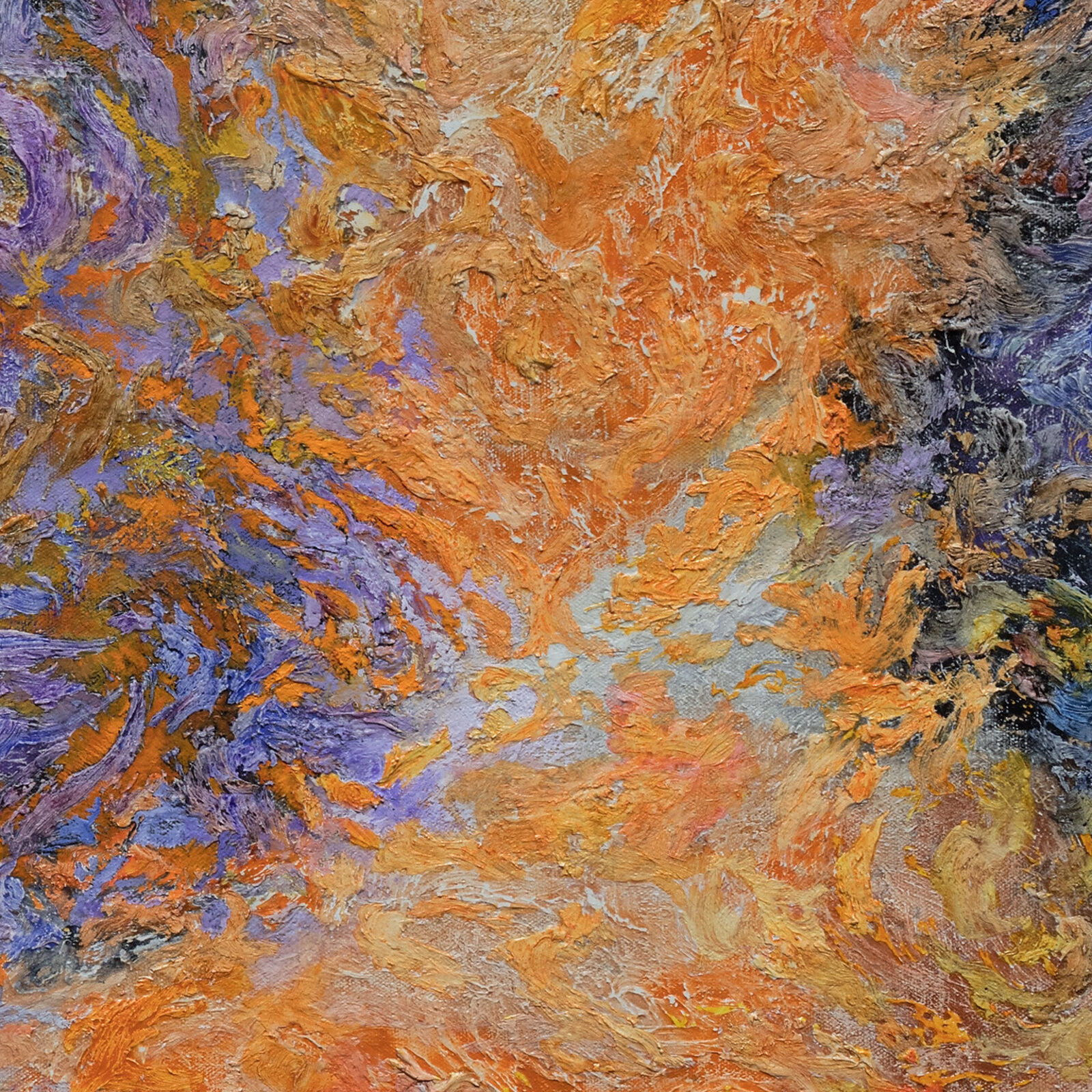 A painting of a purple and orange abstract painting.
