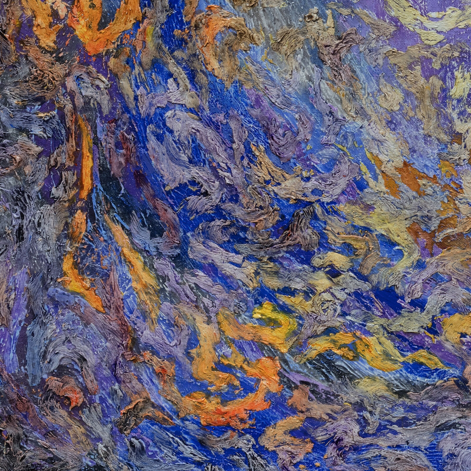A painting of a purple and orange abstract painting.