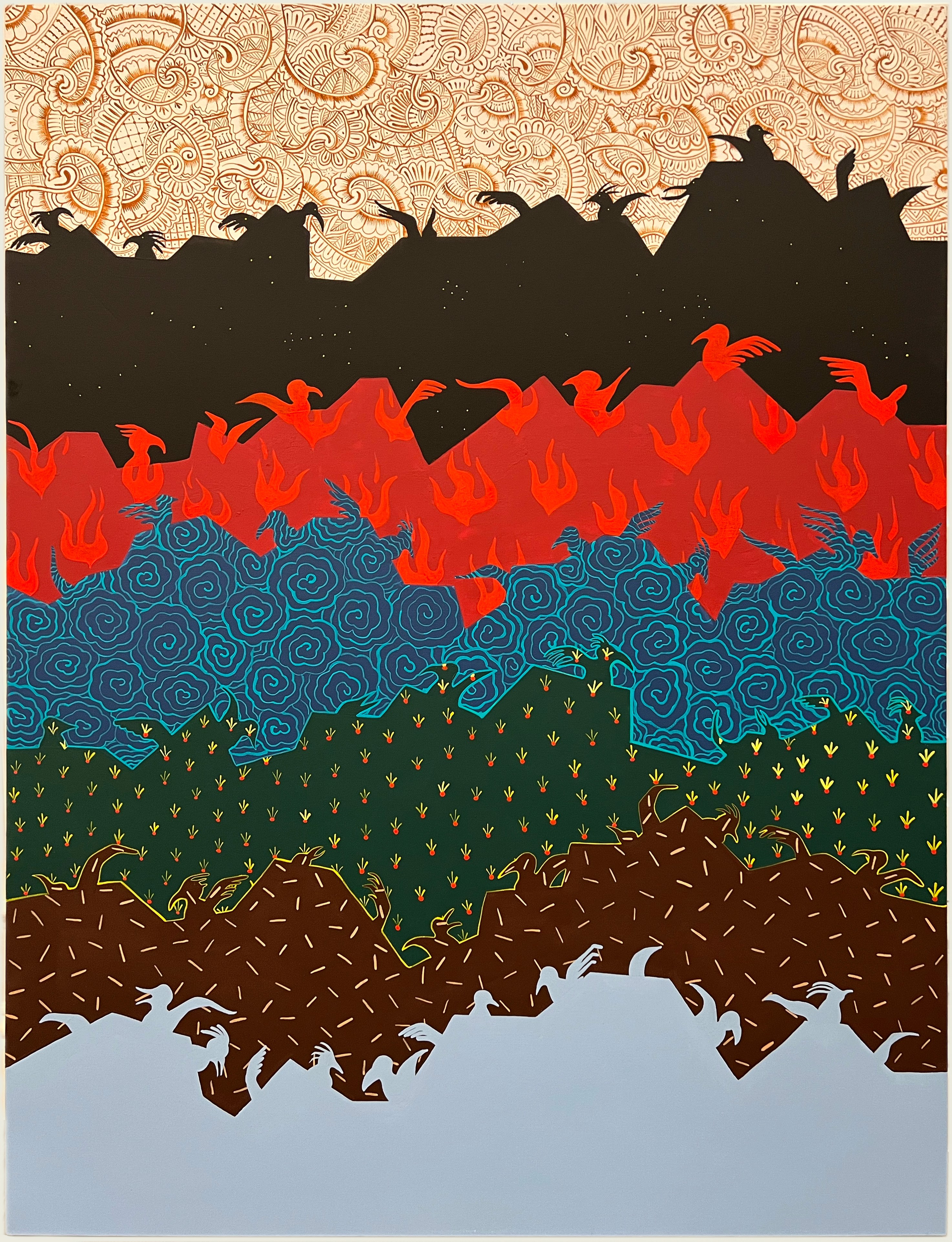 A painting of a landscape with birds flying over it.