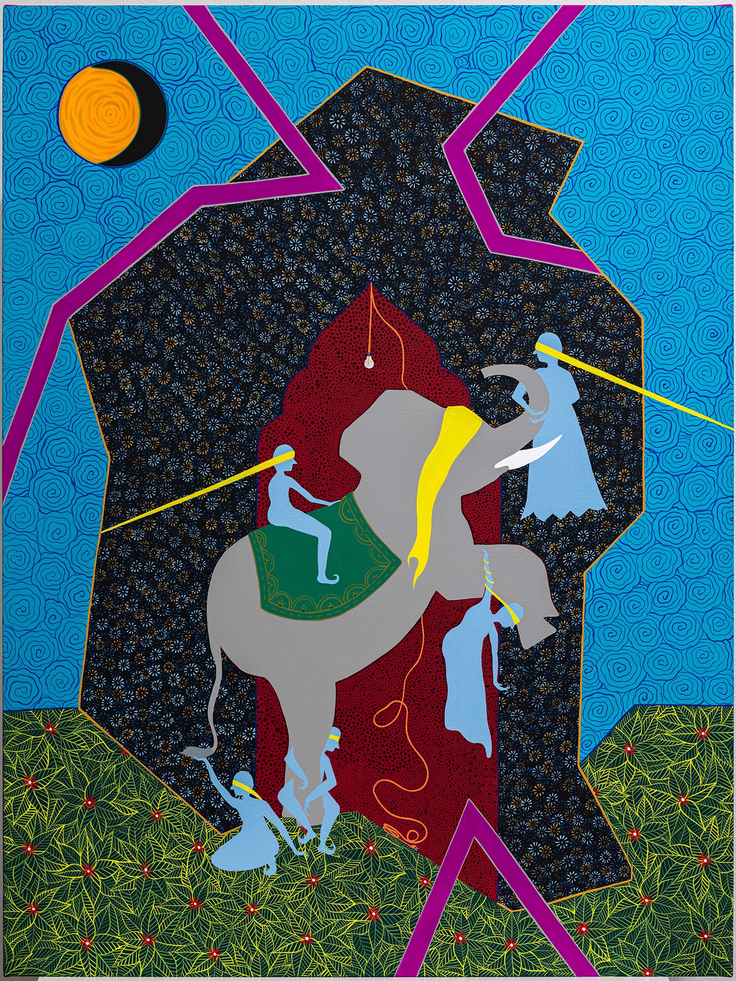 A painting of a man riding an elephant in the middle of a desert.