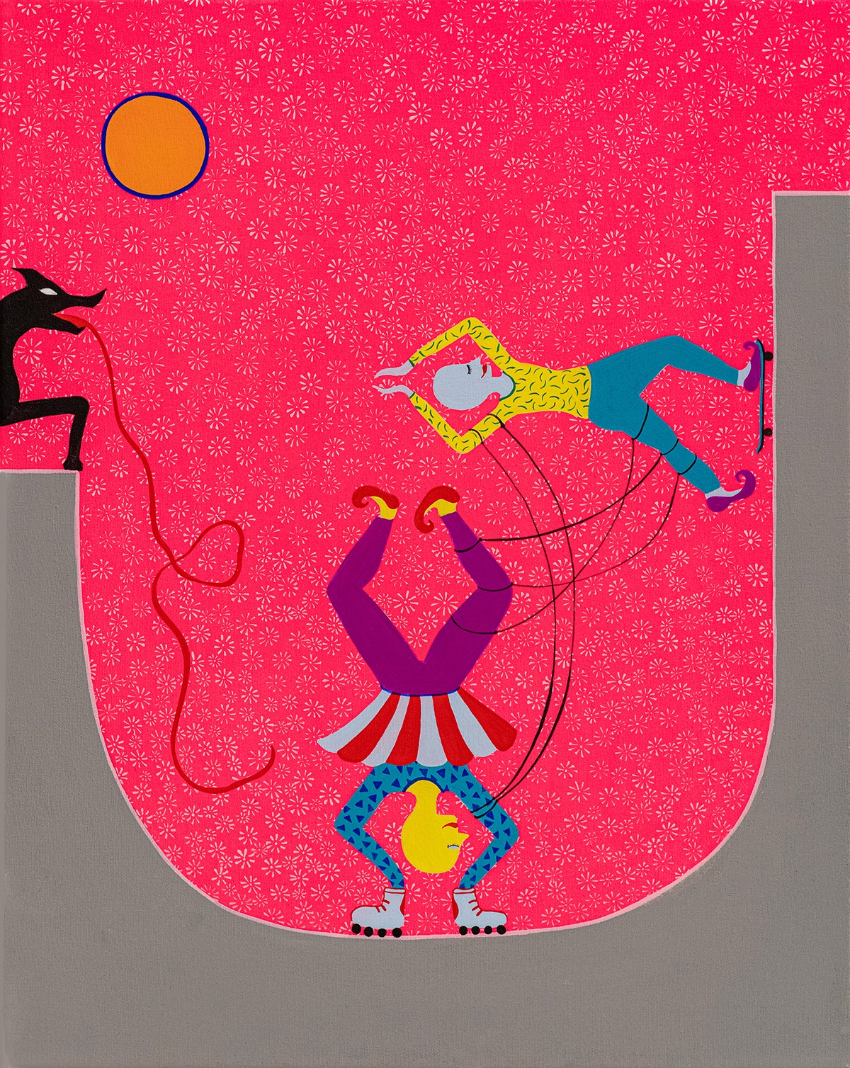 A painting of a man and a woman on roller skates with a dog.