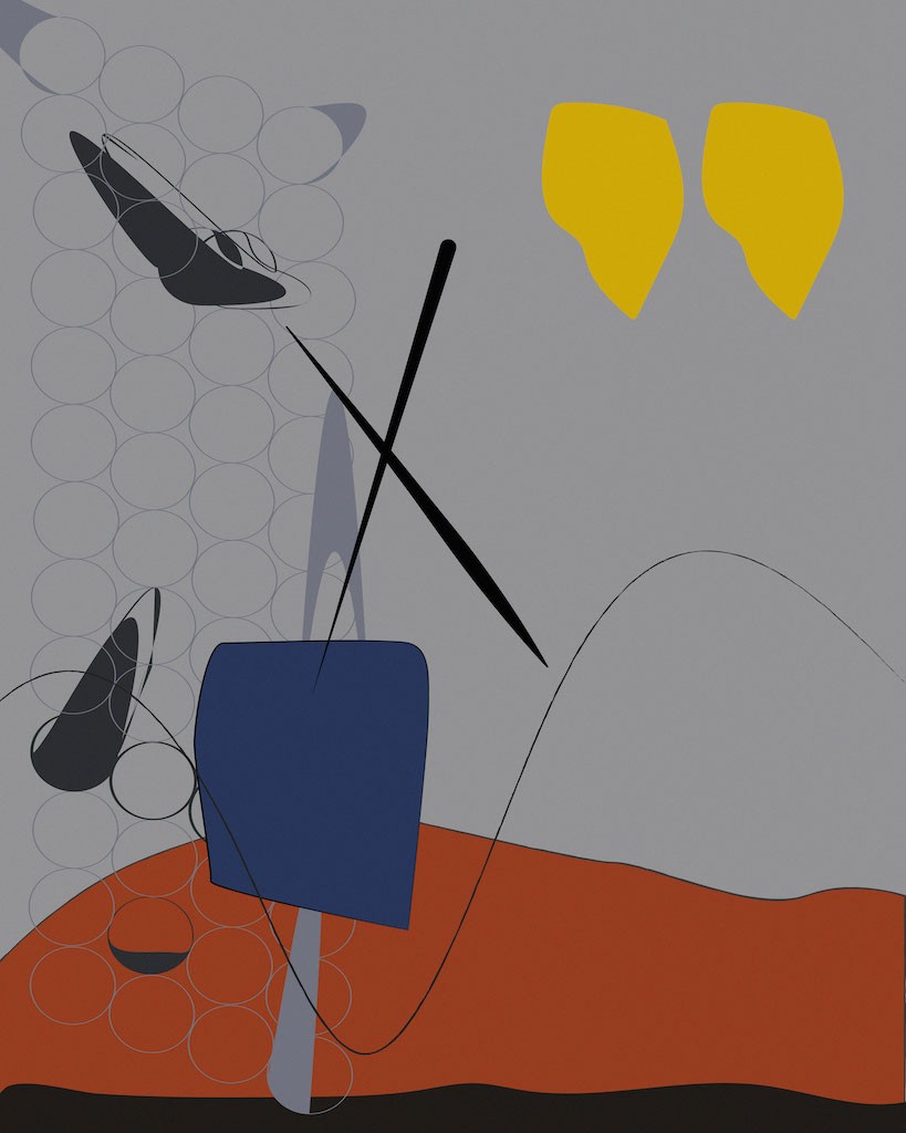 A modern interior scene featuring a minimalist lounge chair, a small side table with books, and an abstract geometric painting on the wall.