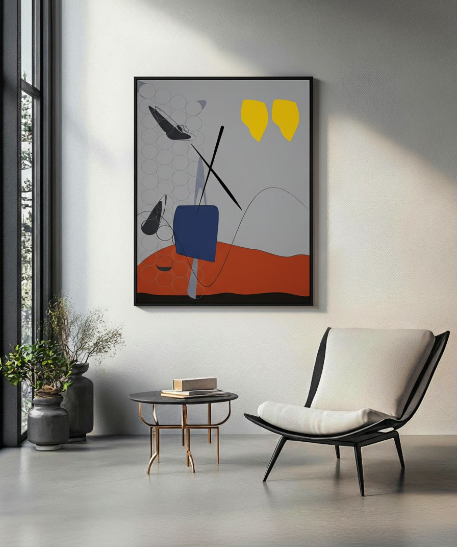 A modern interior scene featuring a minimalist lounge chair, a small side table with books, and an abstract geometric painting on the wall.