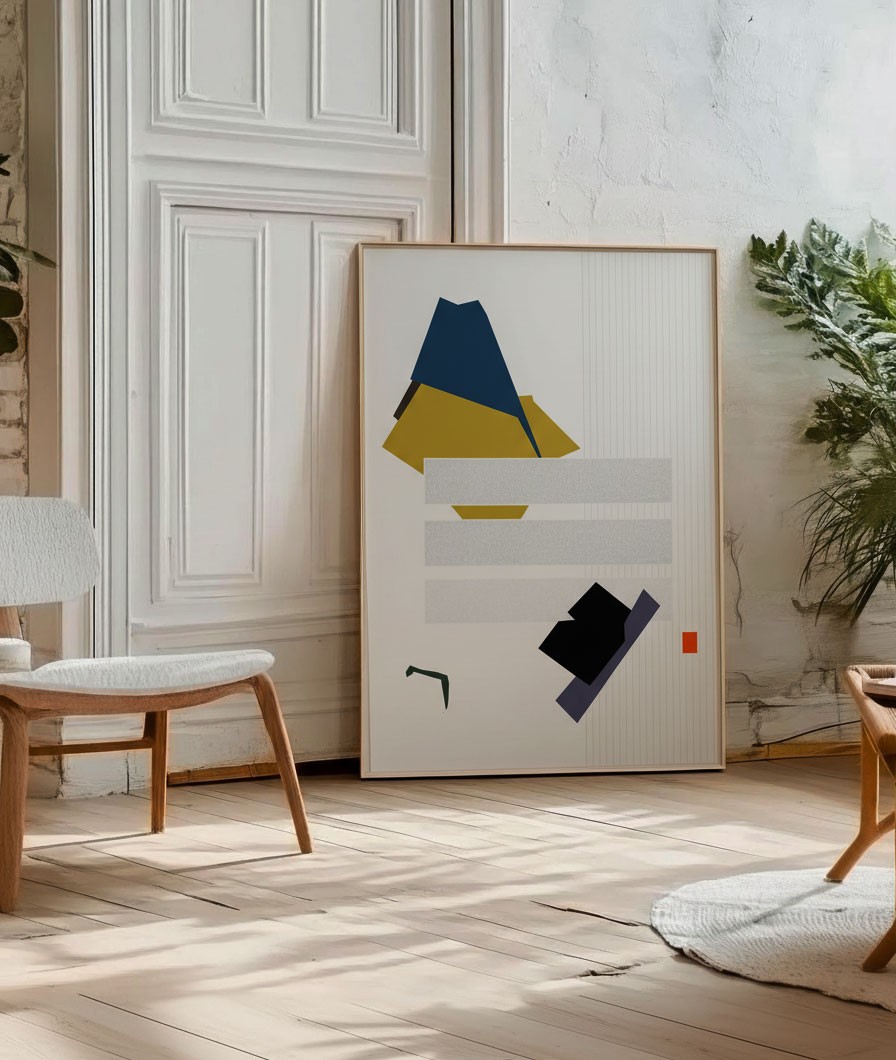 A minimalist geometric composition featuring layered shapes and a grid background.