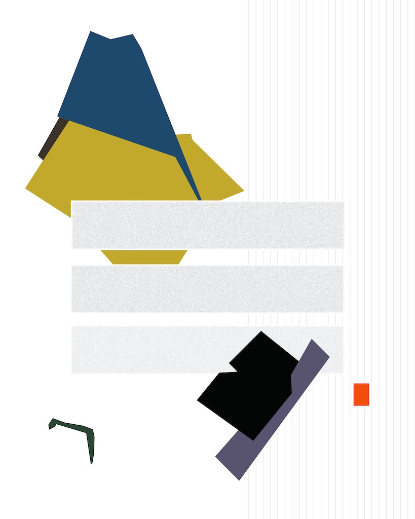 A minimalist geometric composition featuring layered shapes and a grid background.