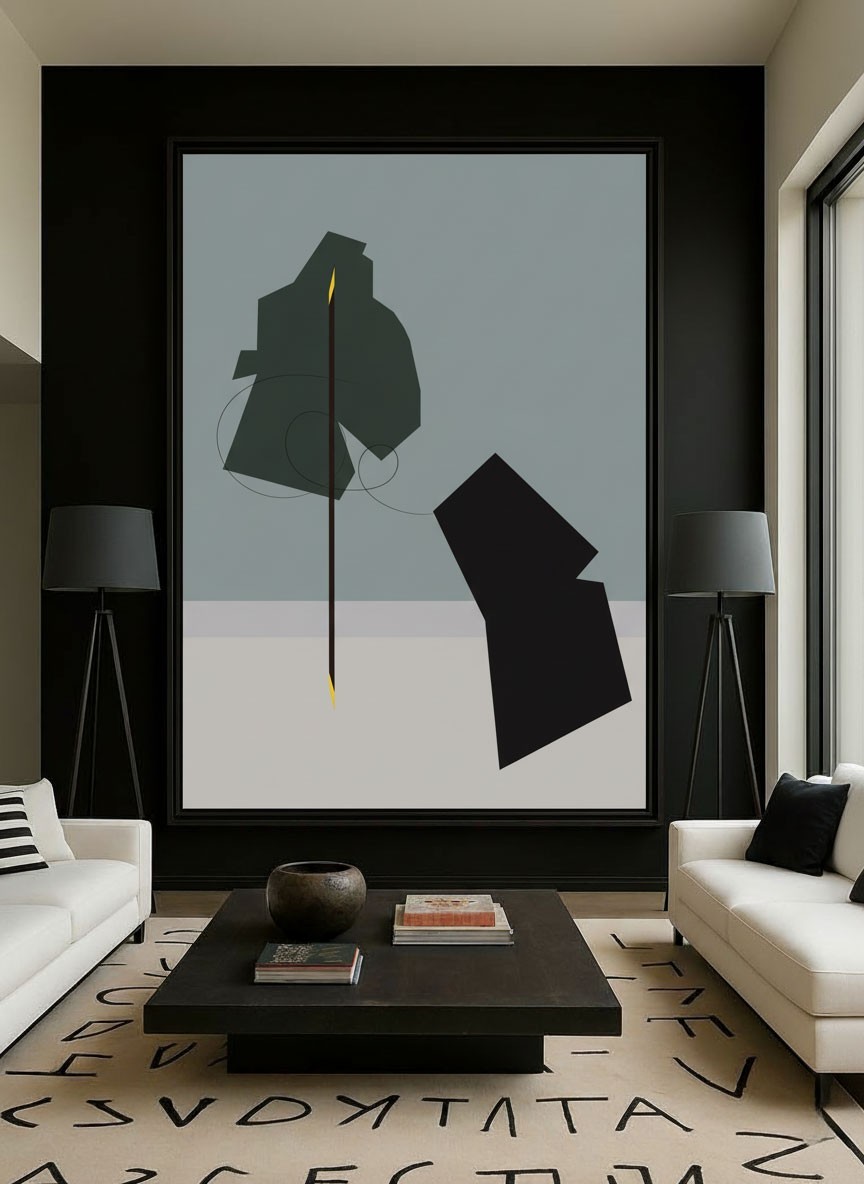 A minimalist interior scene featuring a large framed abstract artwork centered between two white sofas.
