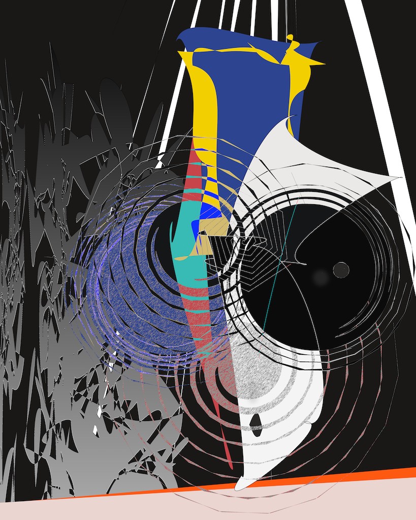 A dynamic abstract composition featuring a stylized figure amidst swirling lines and geometric shapes.