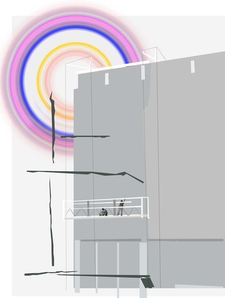 A digital architectural rendering featuring a grey building with two figures on a balcony, set against a vibrant, swirling abstract background.
