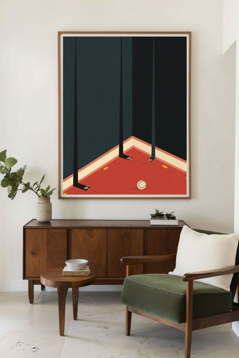 A minimalist illustration of a red floor corner with three black poles and scattered yellow circles.