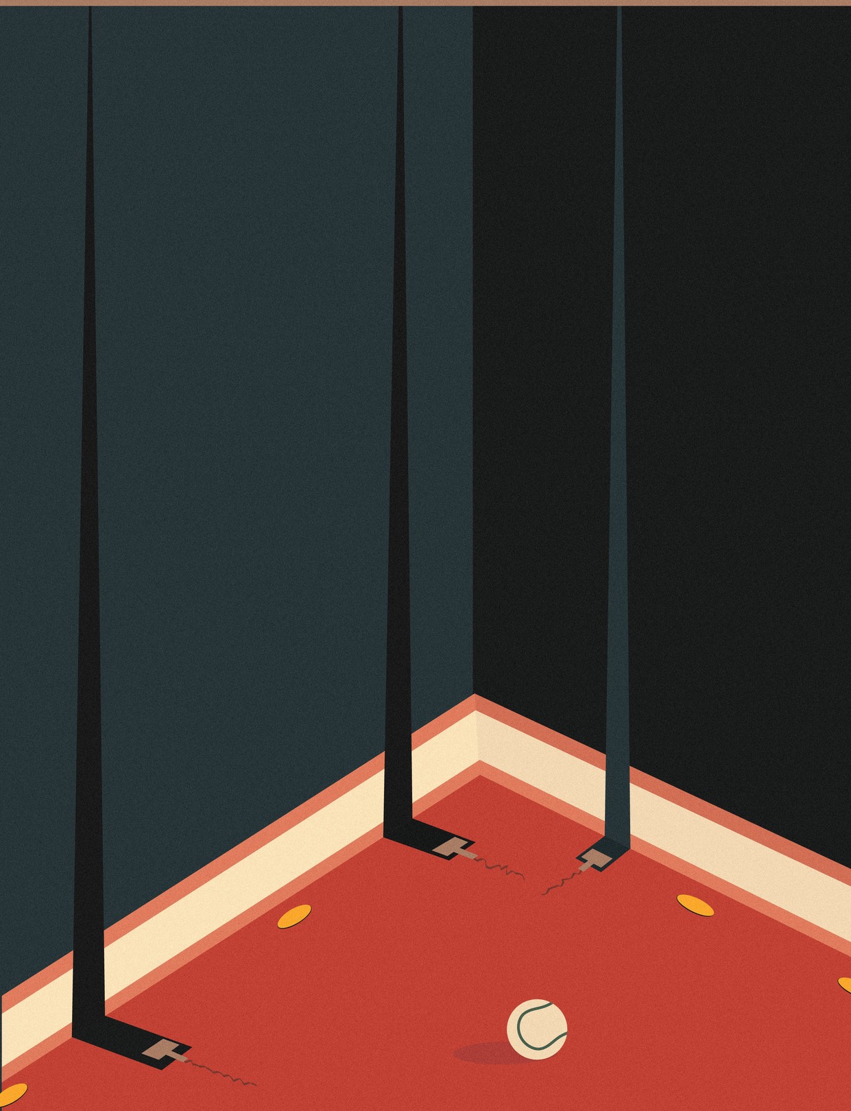 A minimalist illustration of a red floor corner with three black poles and scattered yellow circles.