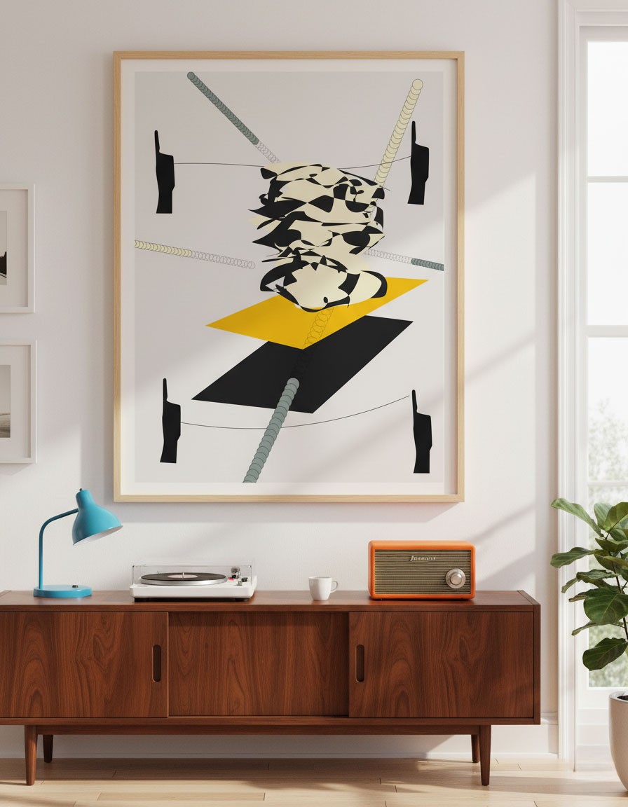A graphic composition featuring a central abstract figure surrounded by four black silhouettes and geometric shapes.