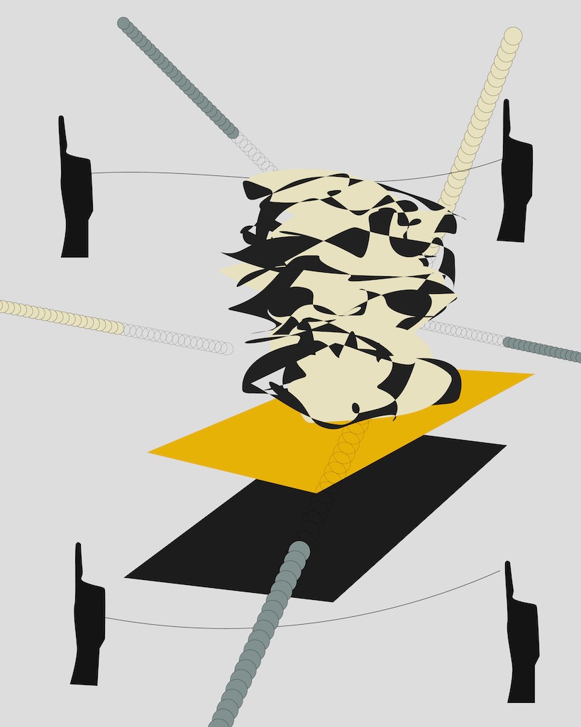 A graphic composition featuring a central abstract figure surrounded by four black silhouettes and geometric shapes.