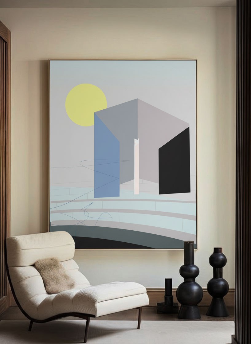 A minimalist architectural scene featuring a large geometric structure, a yellow sun, and curved lines against a soft background.