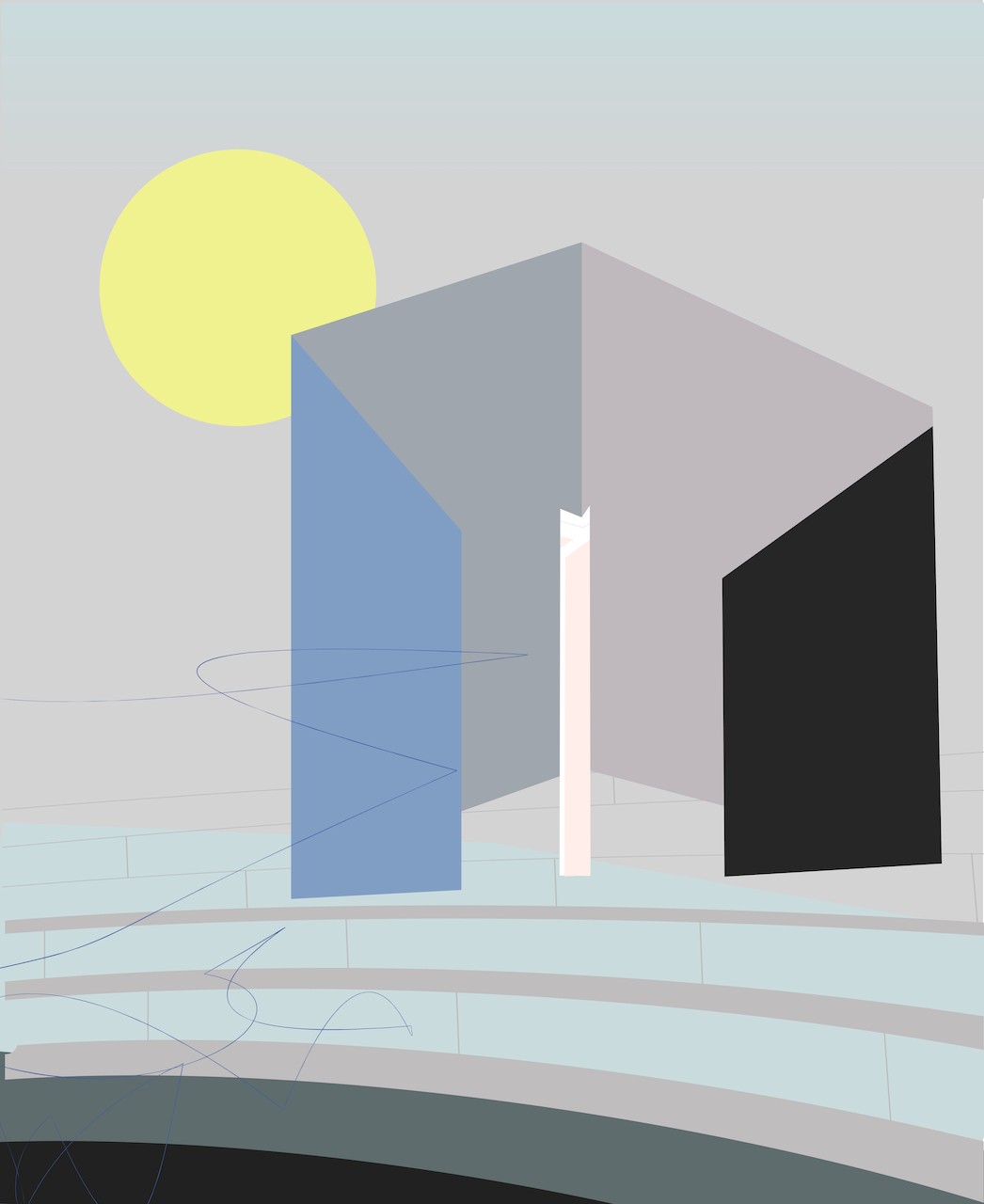 A minimalist architectural scene featuring a large geometric structure, a yellow sun, and curved lines against a soft background.