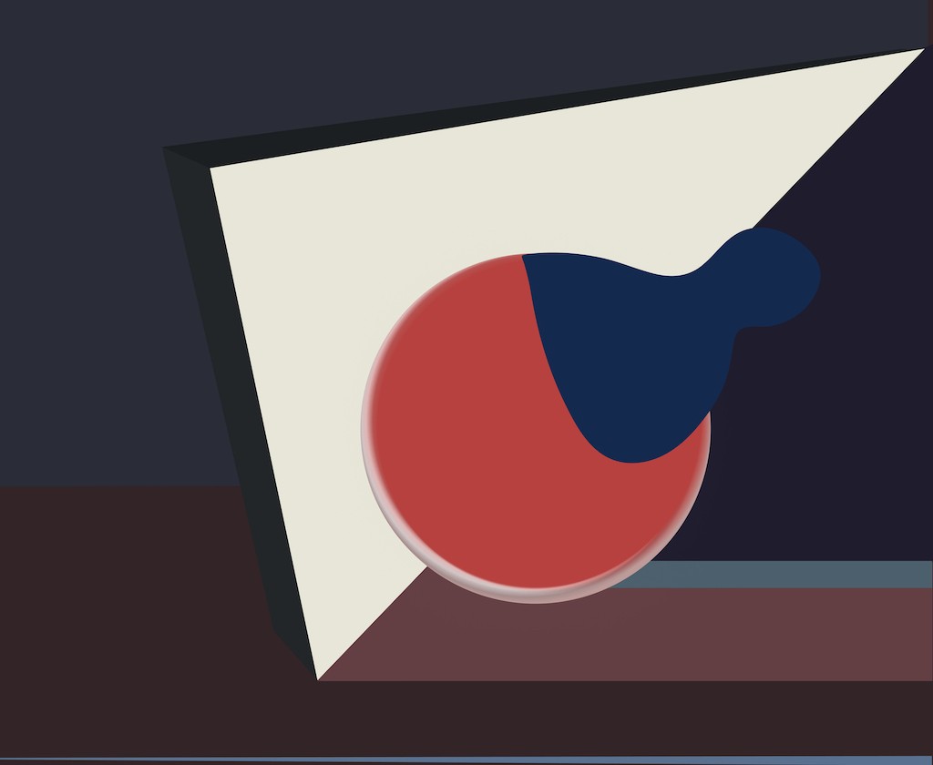 A tilted canvas displaying a red sphere and a blue blob against a dark background.