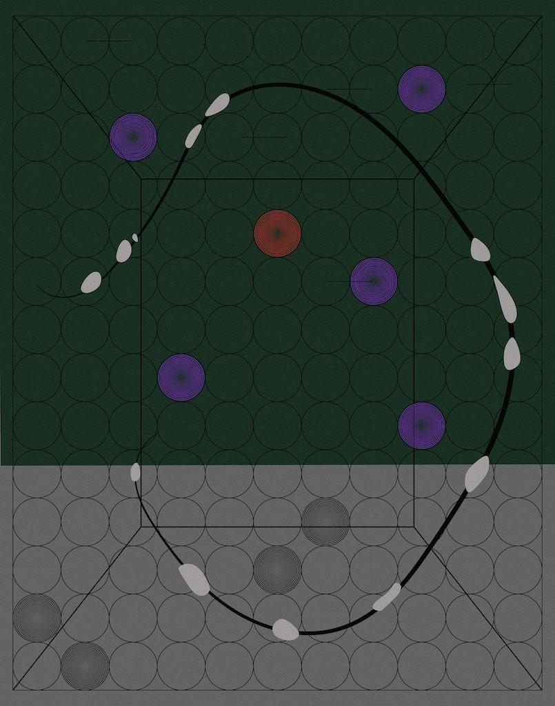 A geometric composition featuring a dark green and grey grid background with a large black loop, purple and red circular elements, and white teardrop shapes.