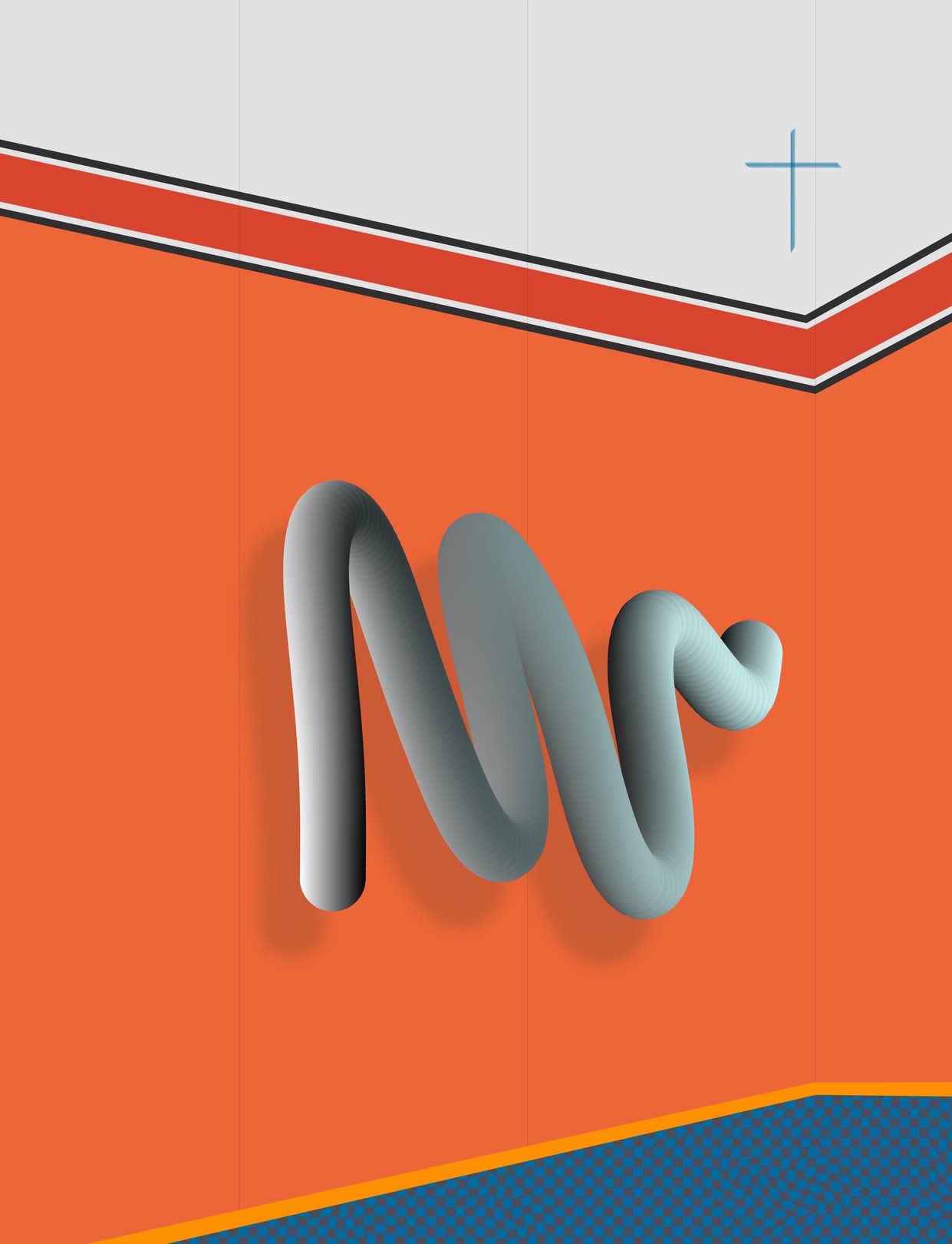 A bold graphic composition featuring a wavy gray ribbon against an orange background with geometric framing.