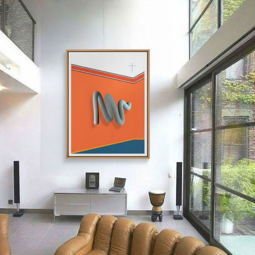 A bold graphic composition featuring a wavy gray ribbon against an orange background with geometric framing.