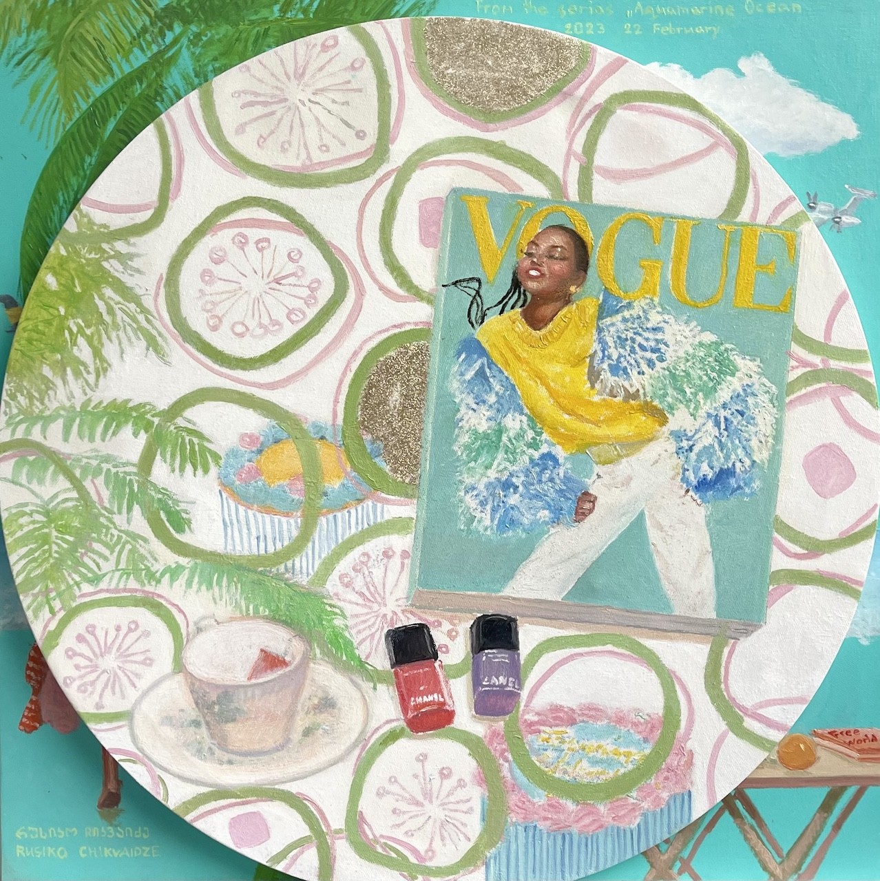 A colorful collage-style painting featuring a fashion magazine cover, nail polish bottles, and a teacup on a patterned surface.