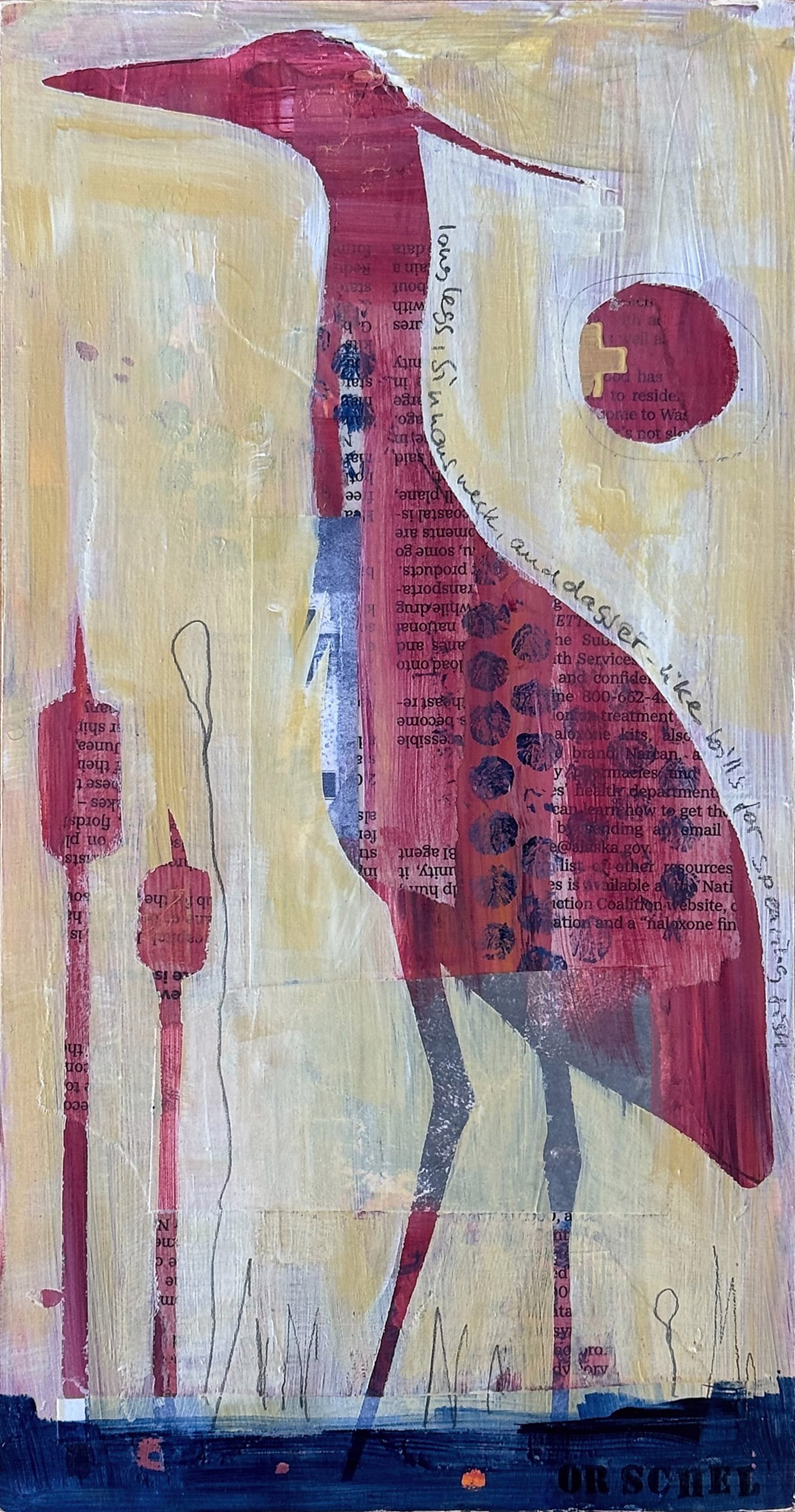 A painting of a bird with a red beak on a yellow background.