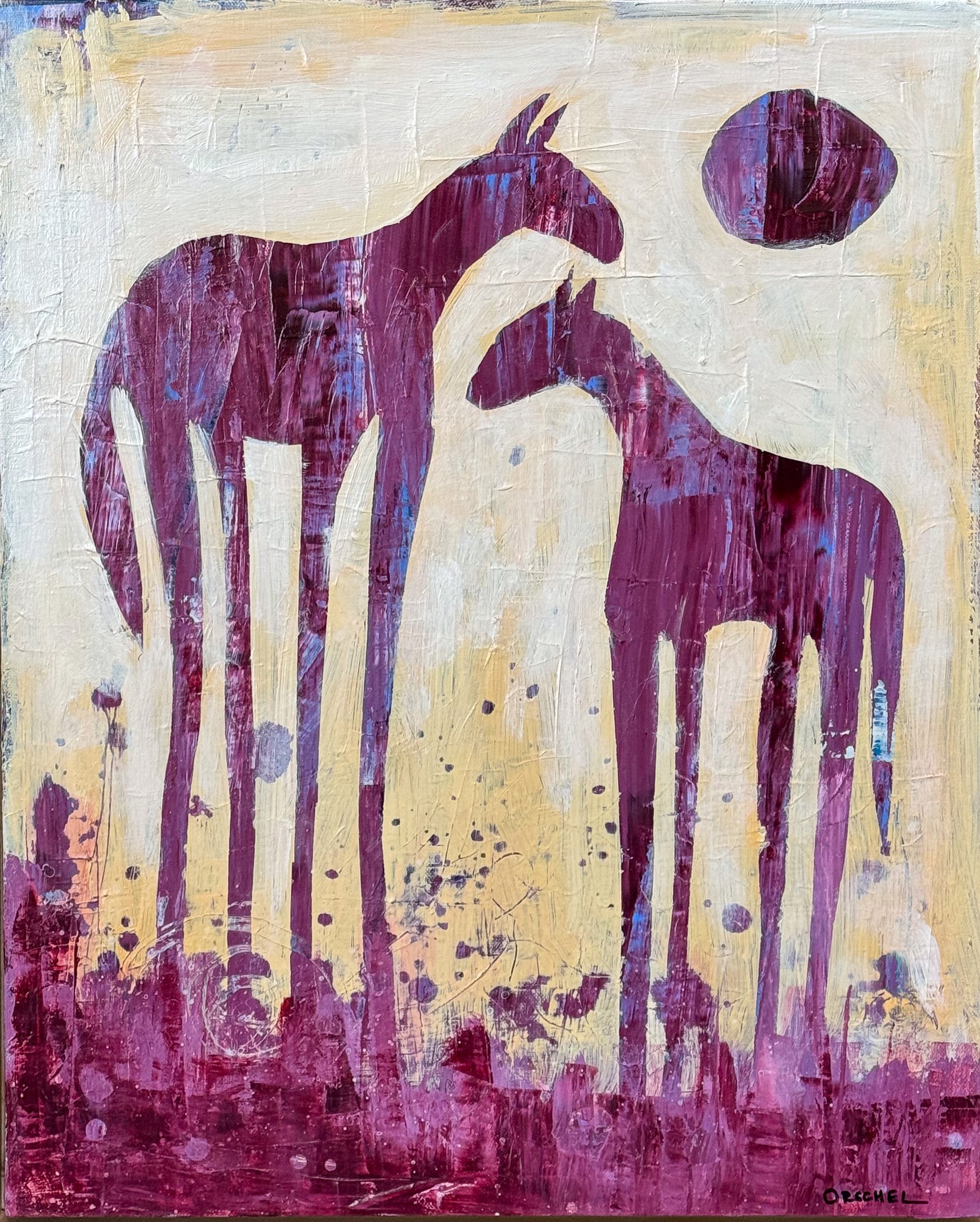 A painting of two horses standing next to each other.
