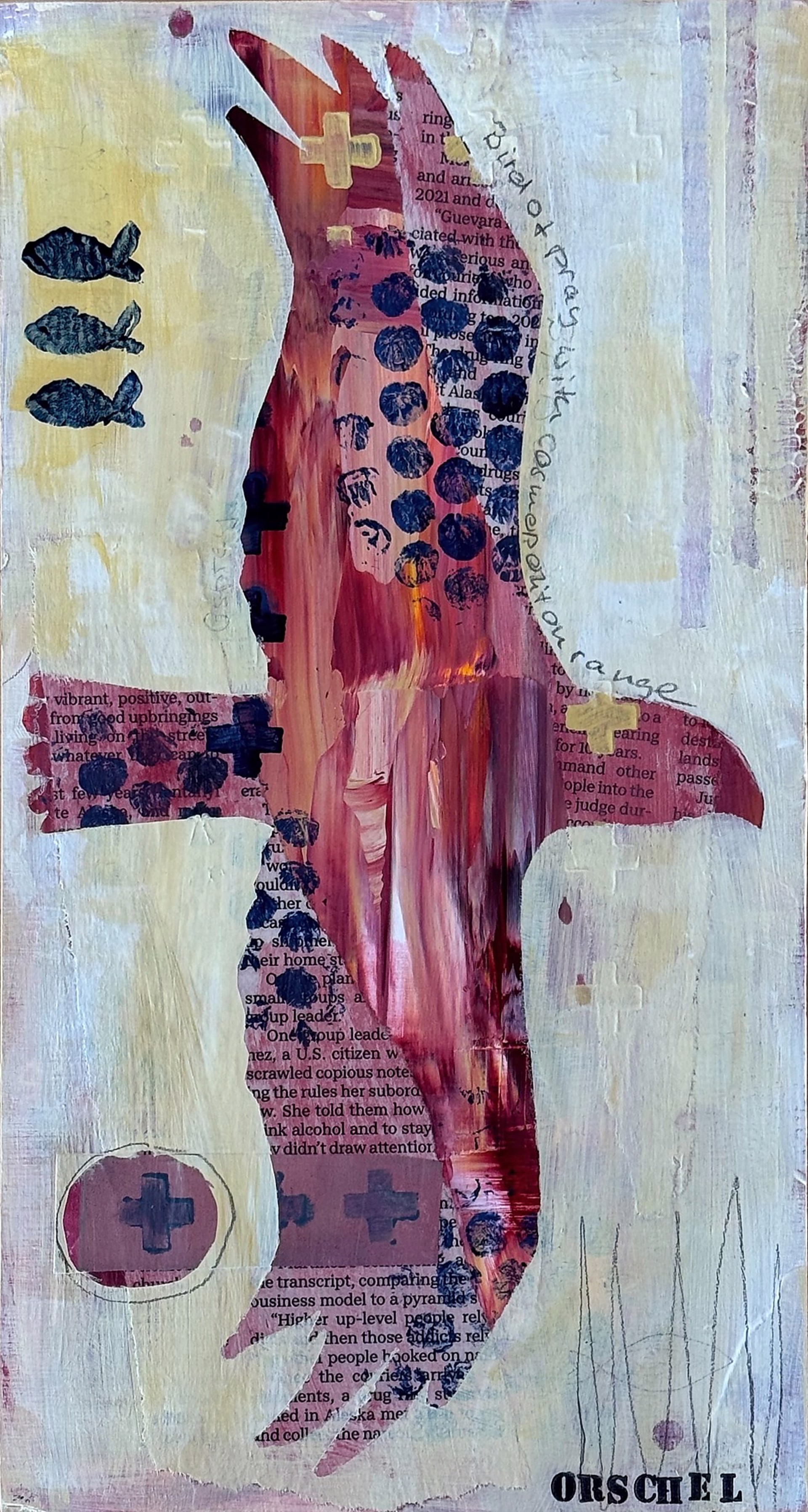 A painting of a bird with a cross on it's head.