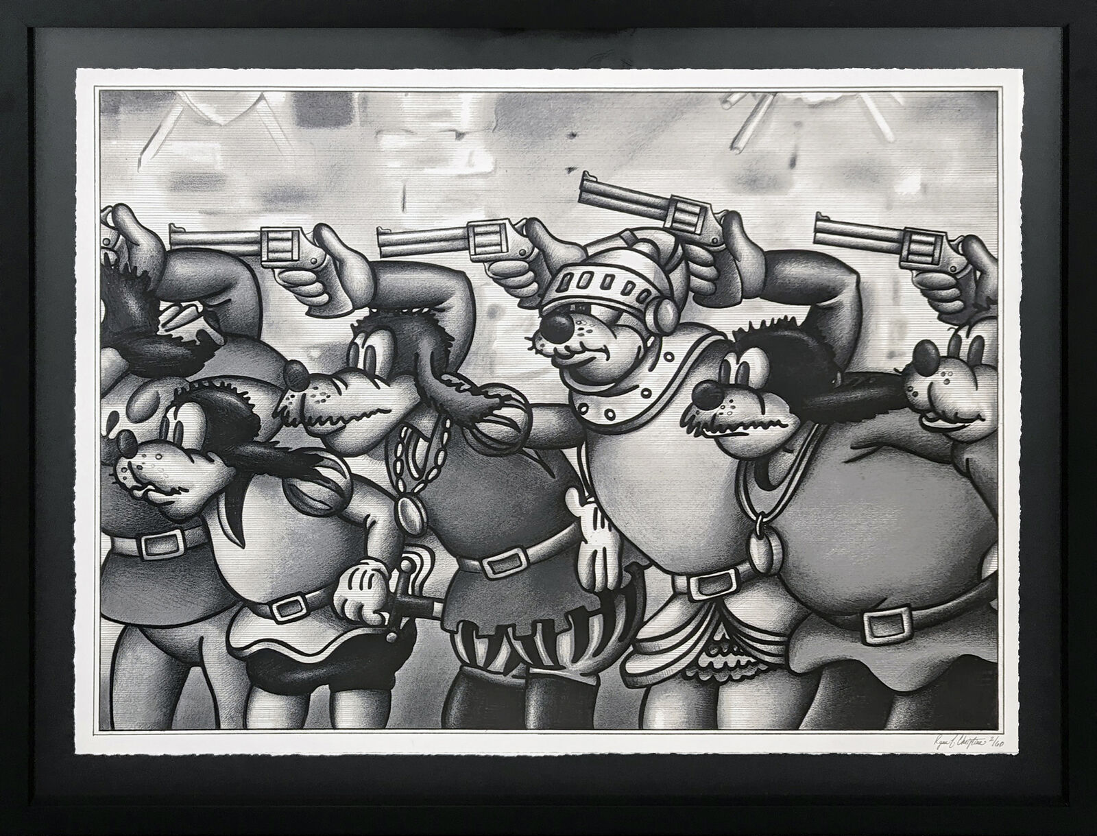 A black and white drawing of a group of cartoon characters holding guns.