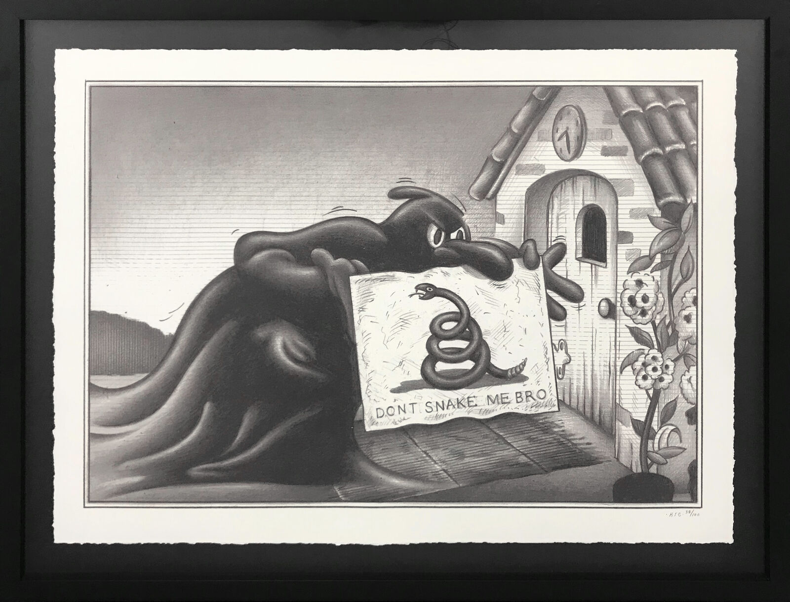 A black and white drawing of a man holding a sign with a snake on it.