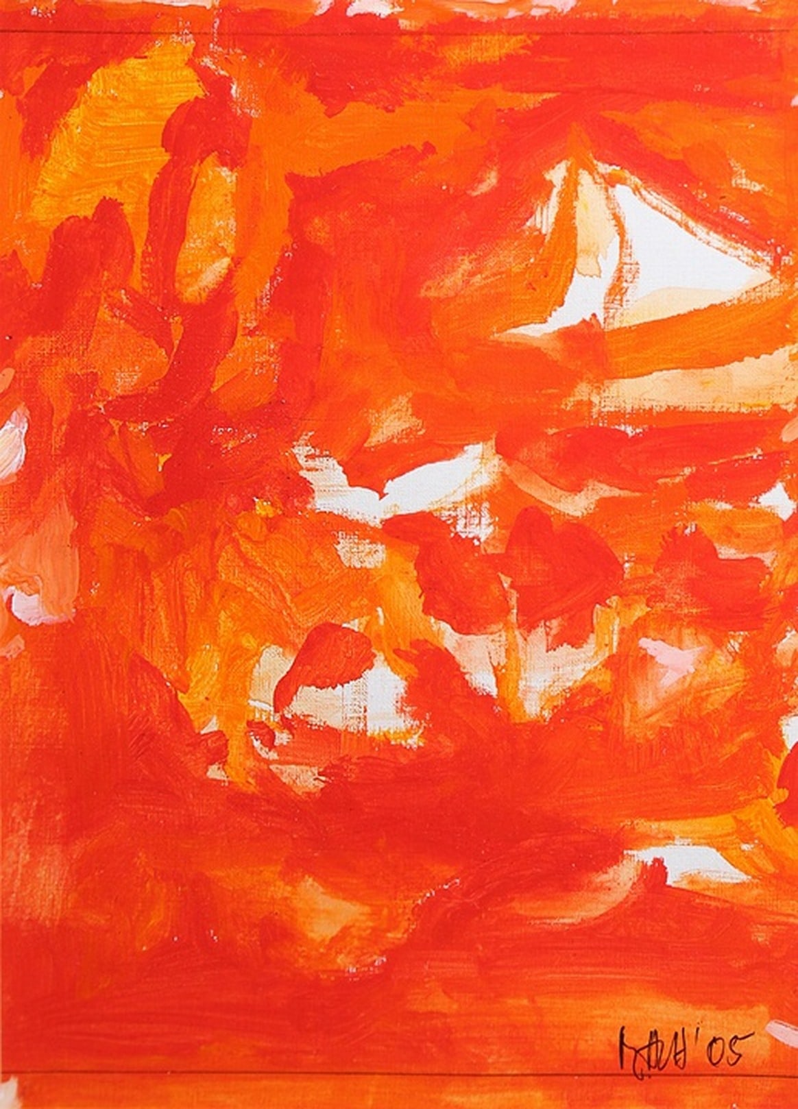 A painting of an orange and white abstract painting.