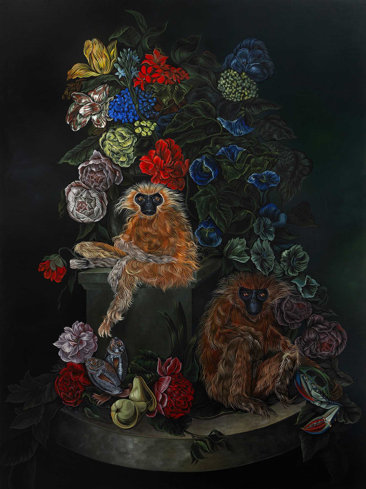 A painting of two monkeys sitting on top of a table surrounded by flowers.
