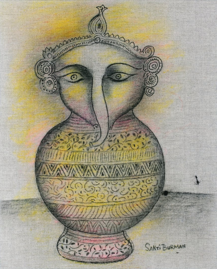 A drawing of an elephant head on a vase.