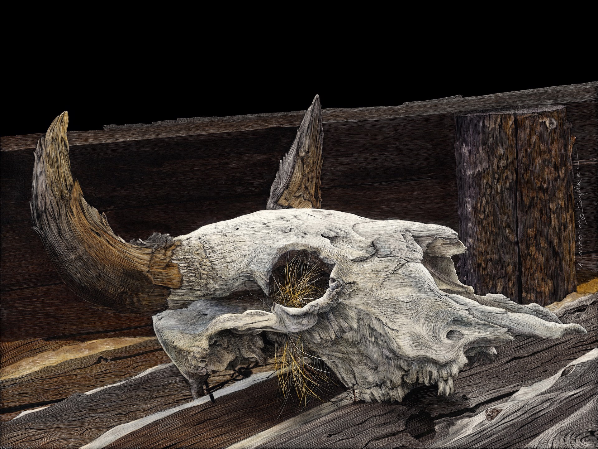 A painting of a cow skull on a piece of wood.