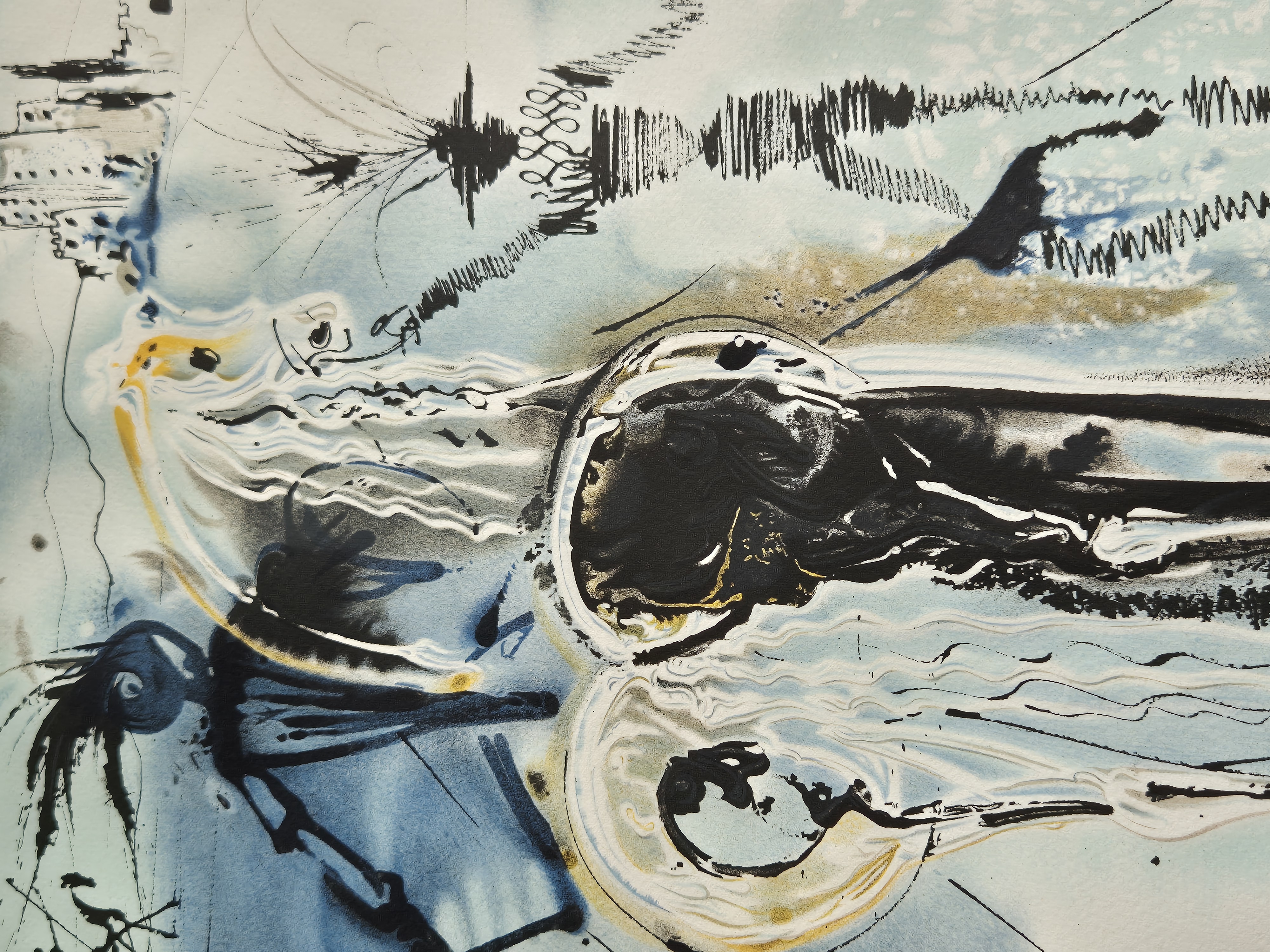 A black and white painting on a piece of paper.