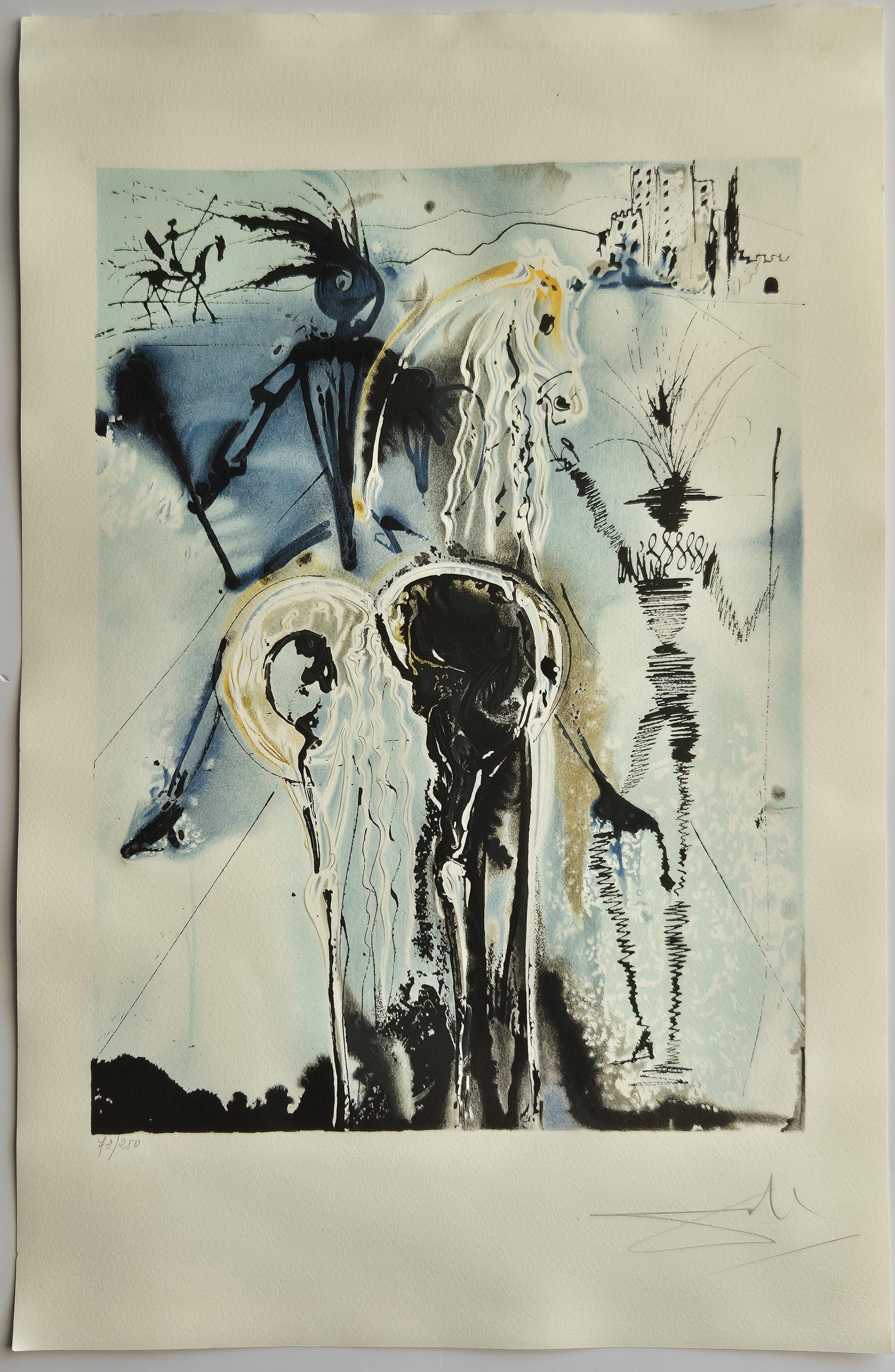 A black and white painting on a piece of paper.