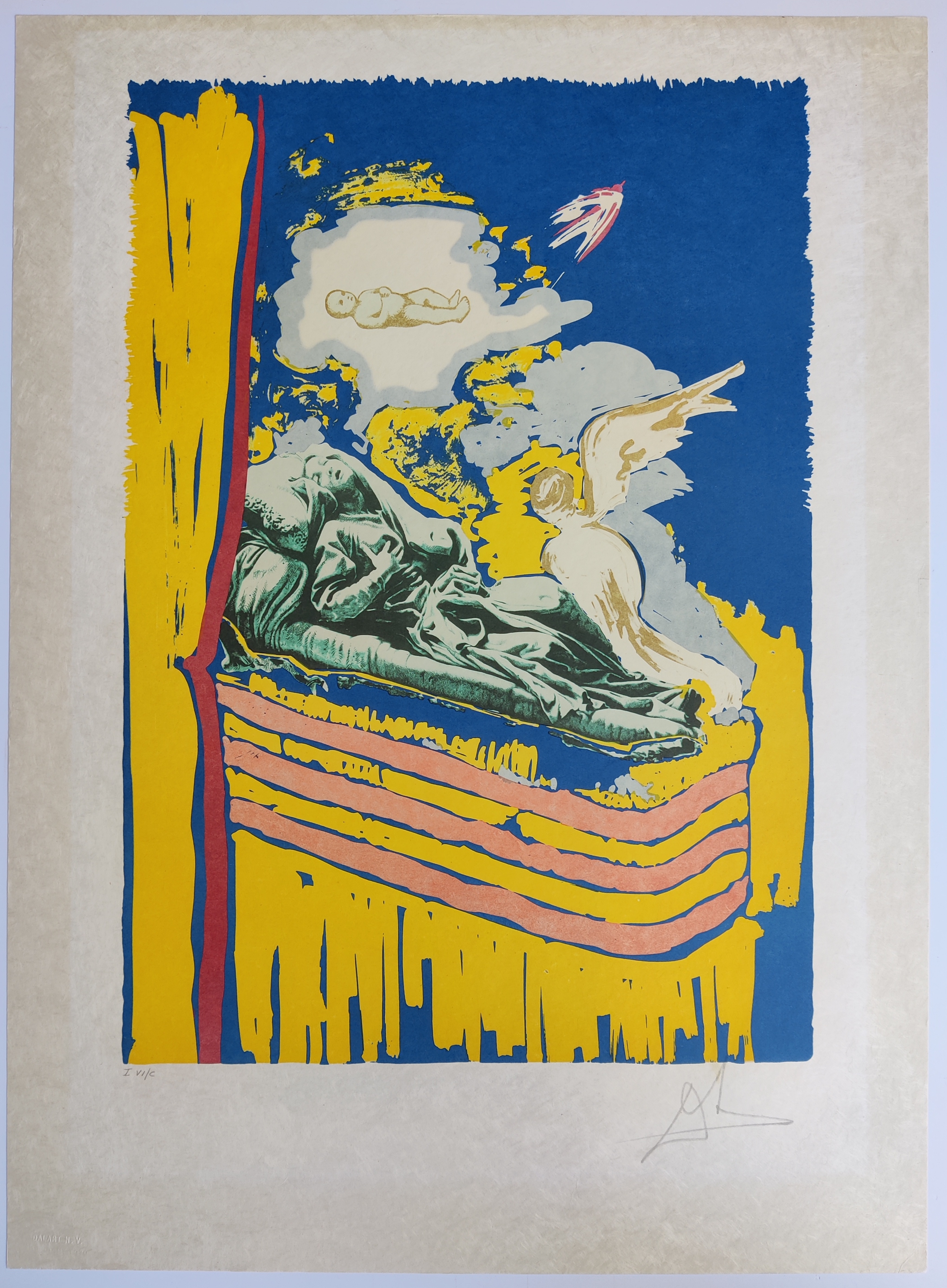 A blue and yellow print with an angel flying over a bed.