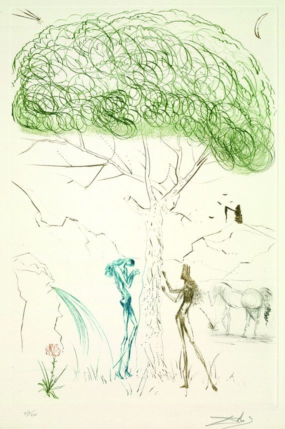A whimsical sketch of two slender figures embracing beneath a large, scribbled tree.