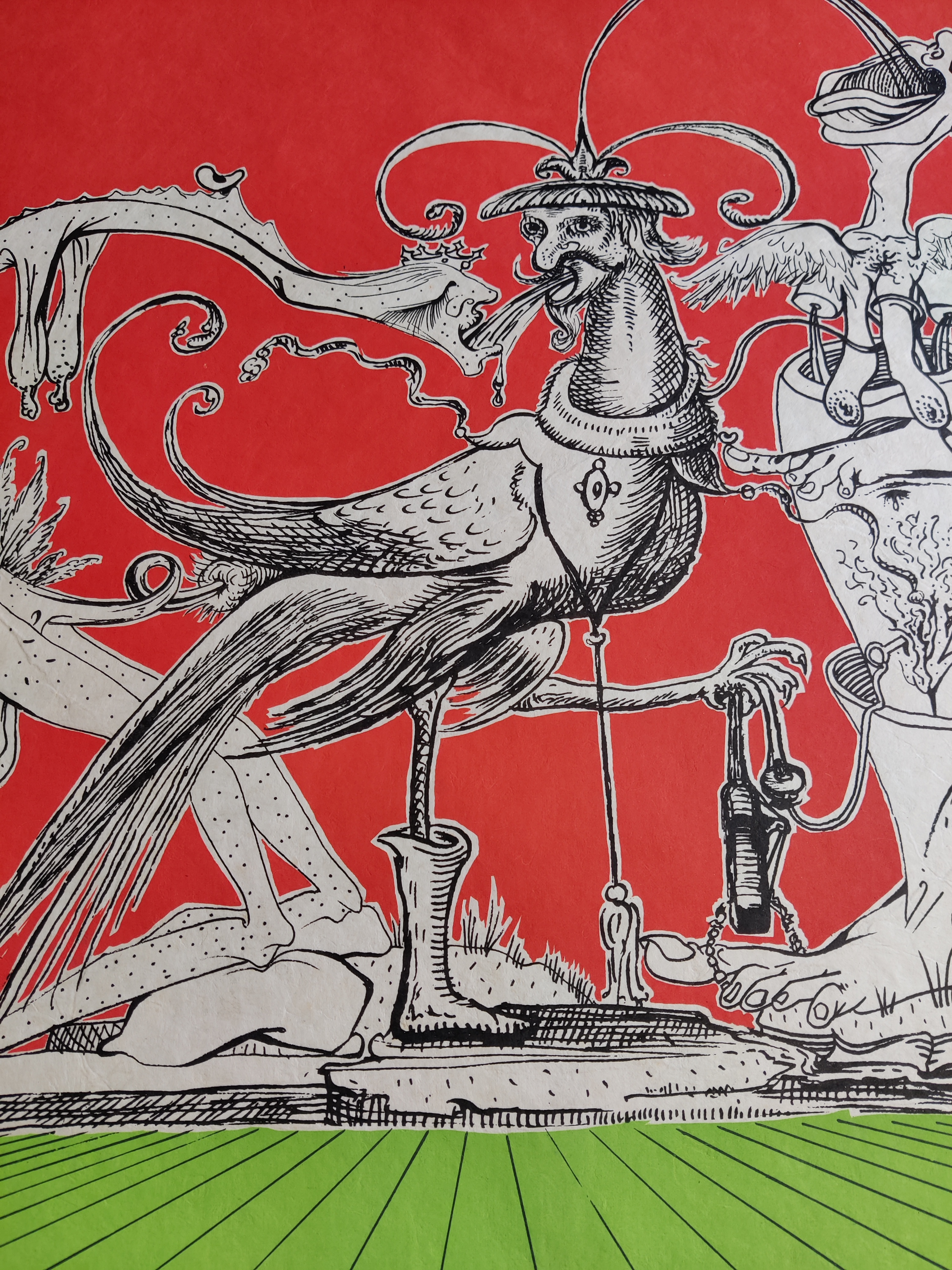 A surreal graphic print featuring a rooster-like figure surrounded by abstract shapes against a bold red and green background.