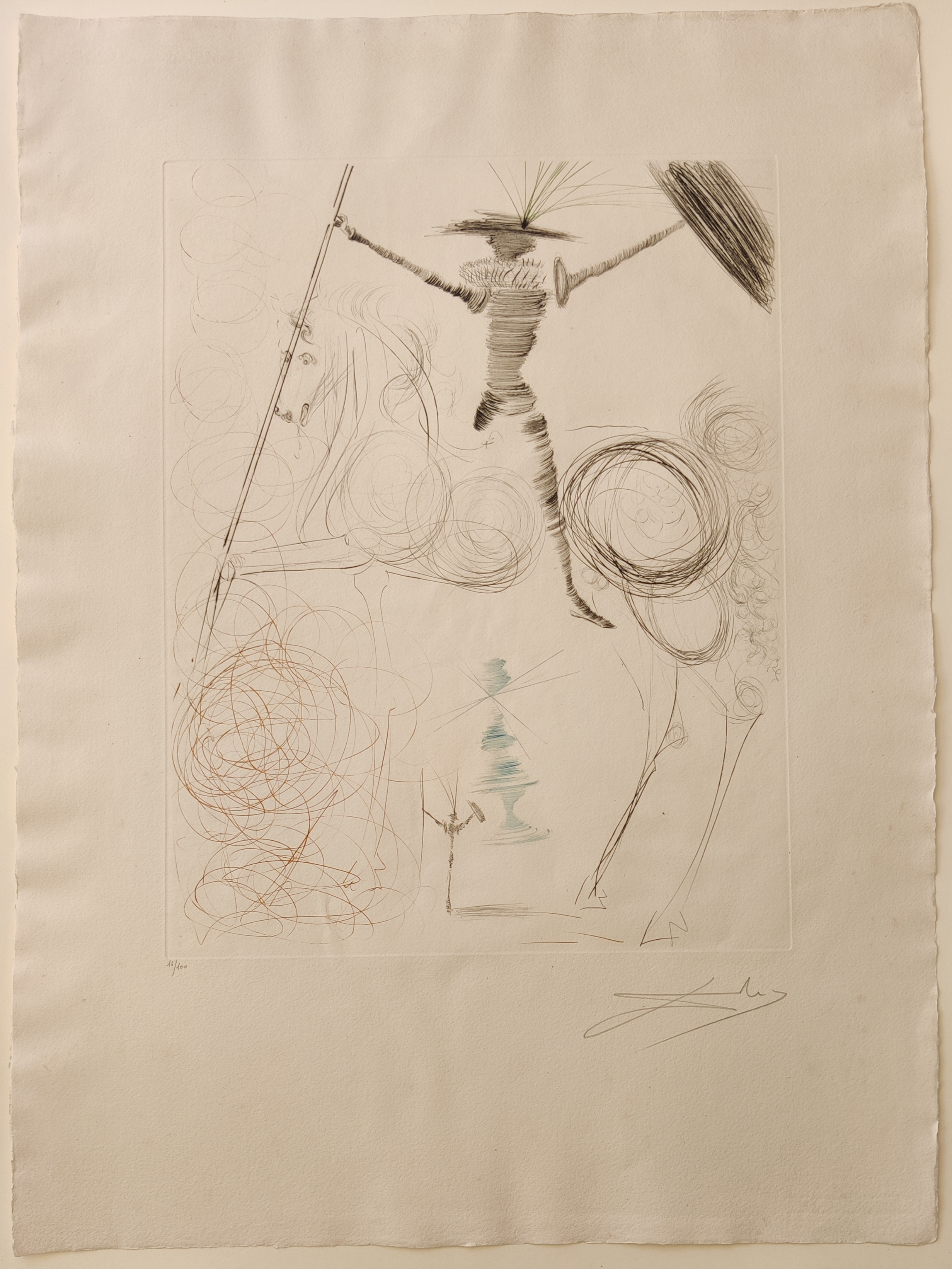 A drawing of a man on a horse with a stick.