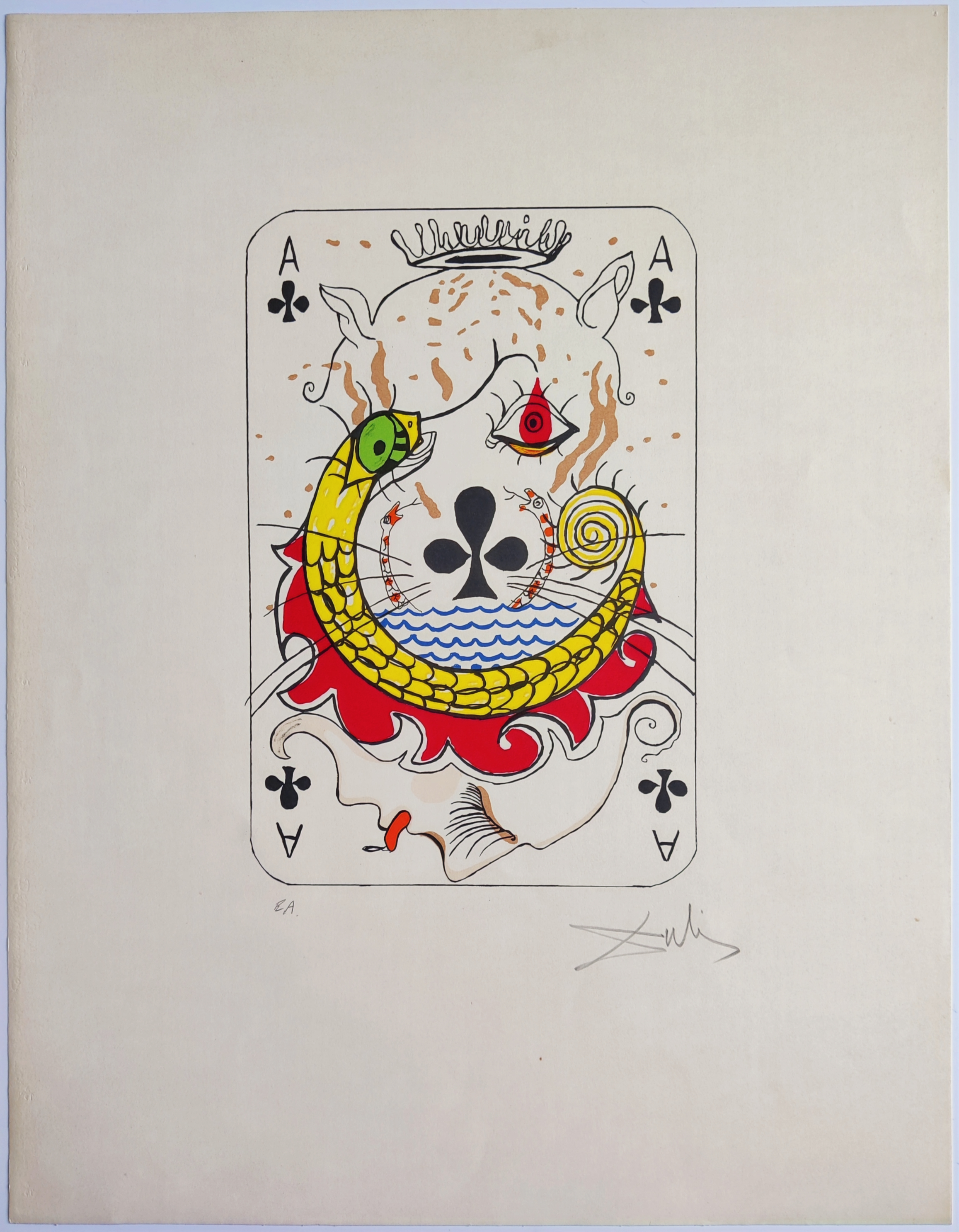 A stylized playing card featuring a surreal face with a coiled snake and floral elements.