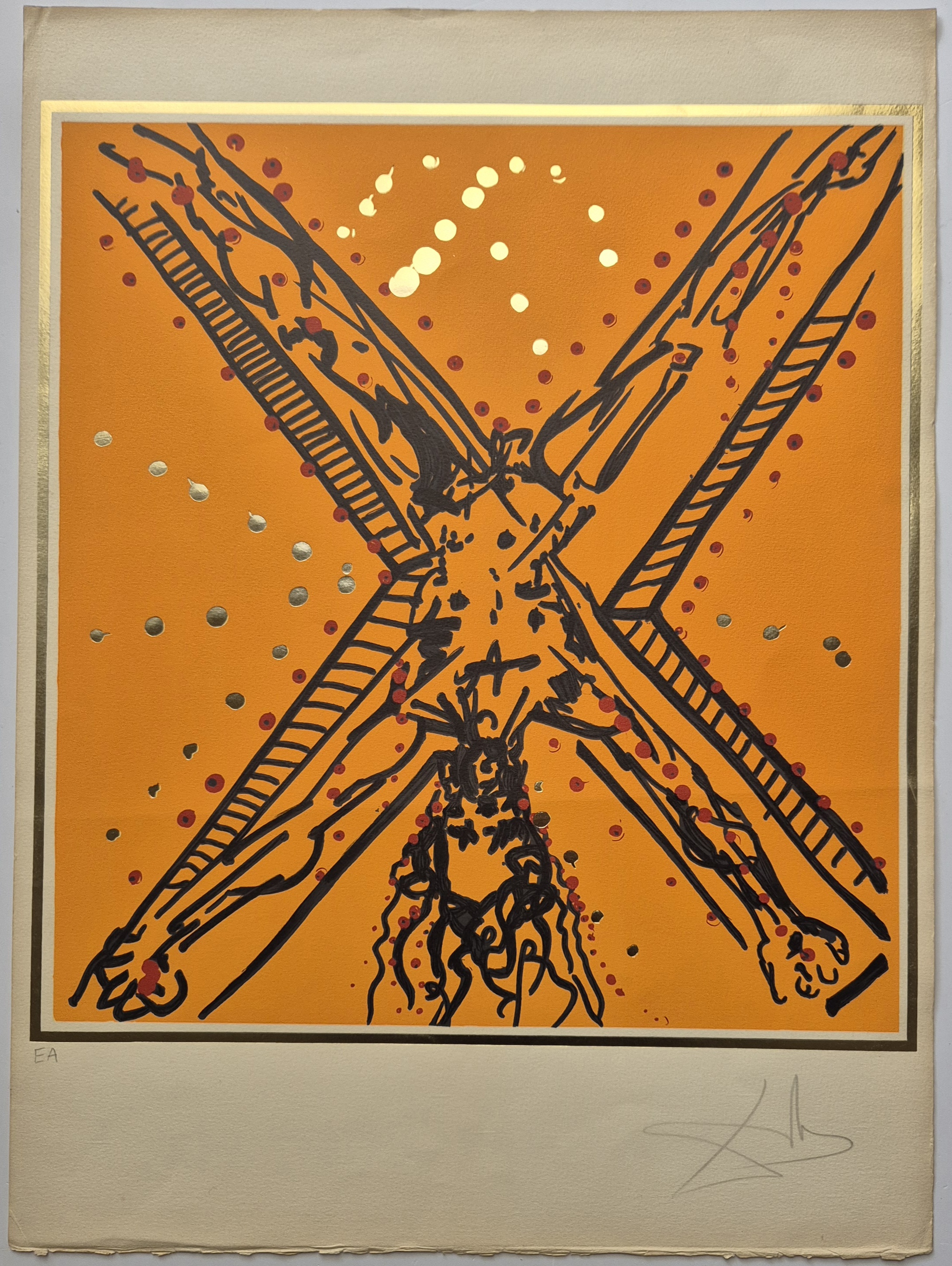 A painting of a windmill on an orange background. 