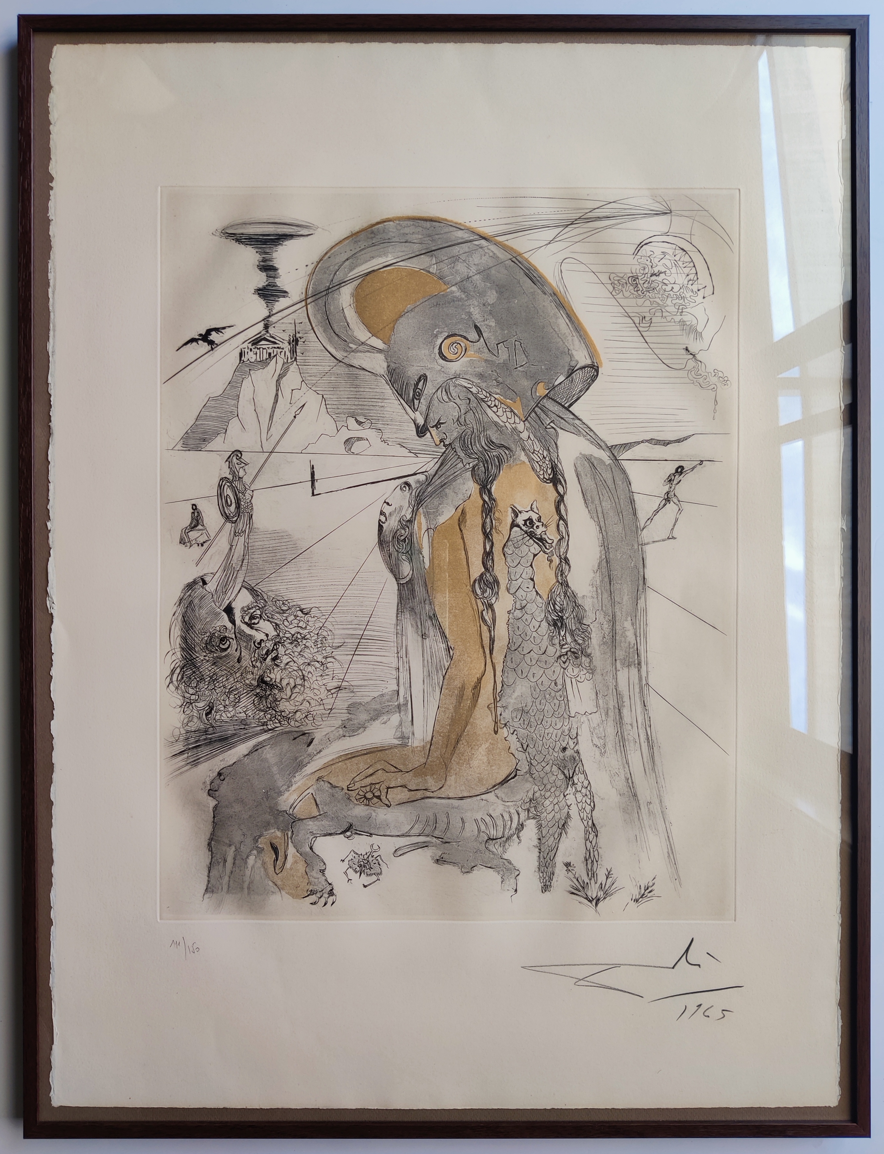 A surreal etching featuring a seated figure with a large, helmet-like head against a dreamlike landscape.