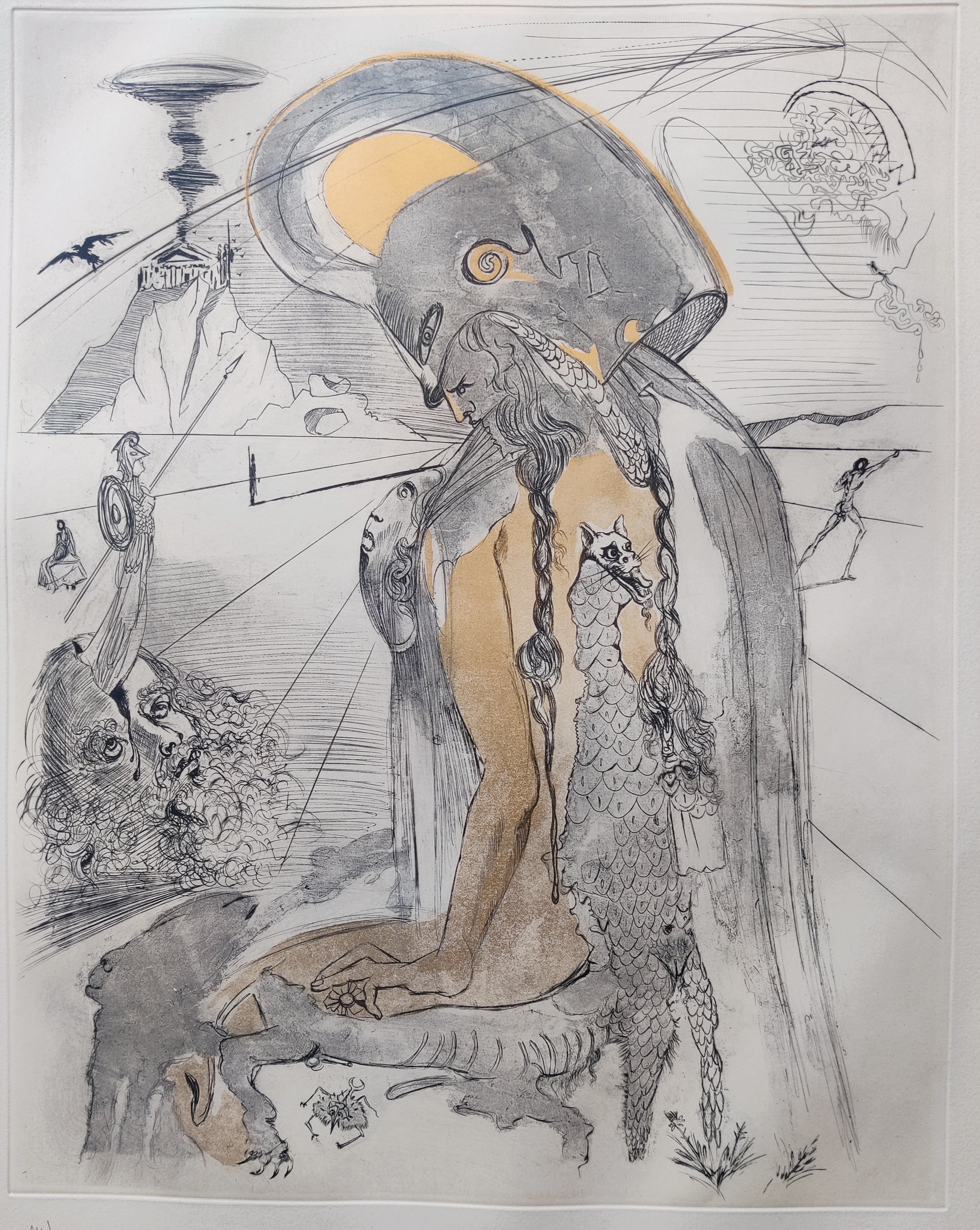 A surreal etching featuring a seated figure with a large, helmet-like head against a dreamlike landscape.