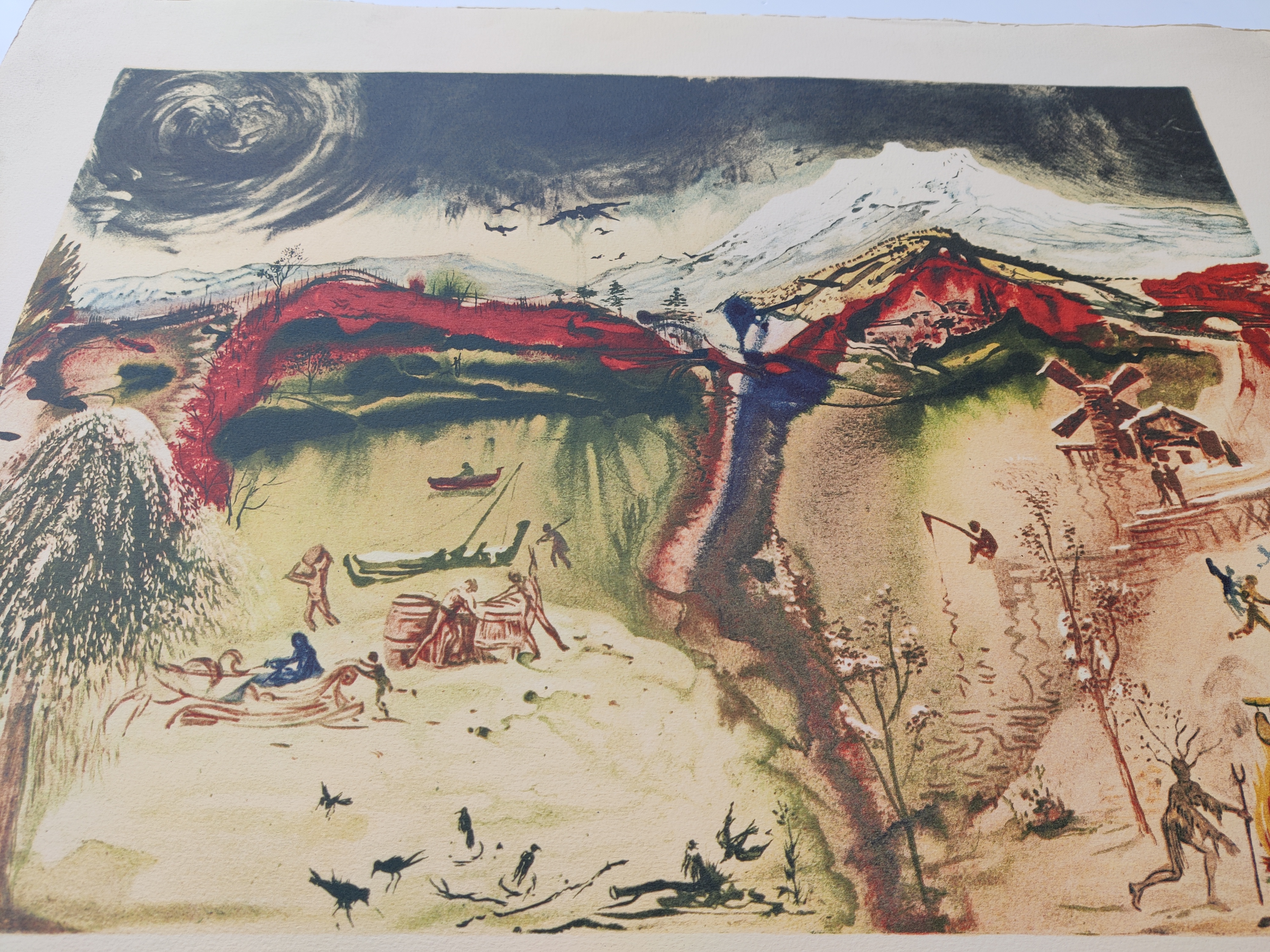 A painting of a landscape with people in the snow.