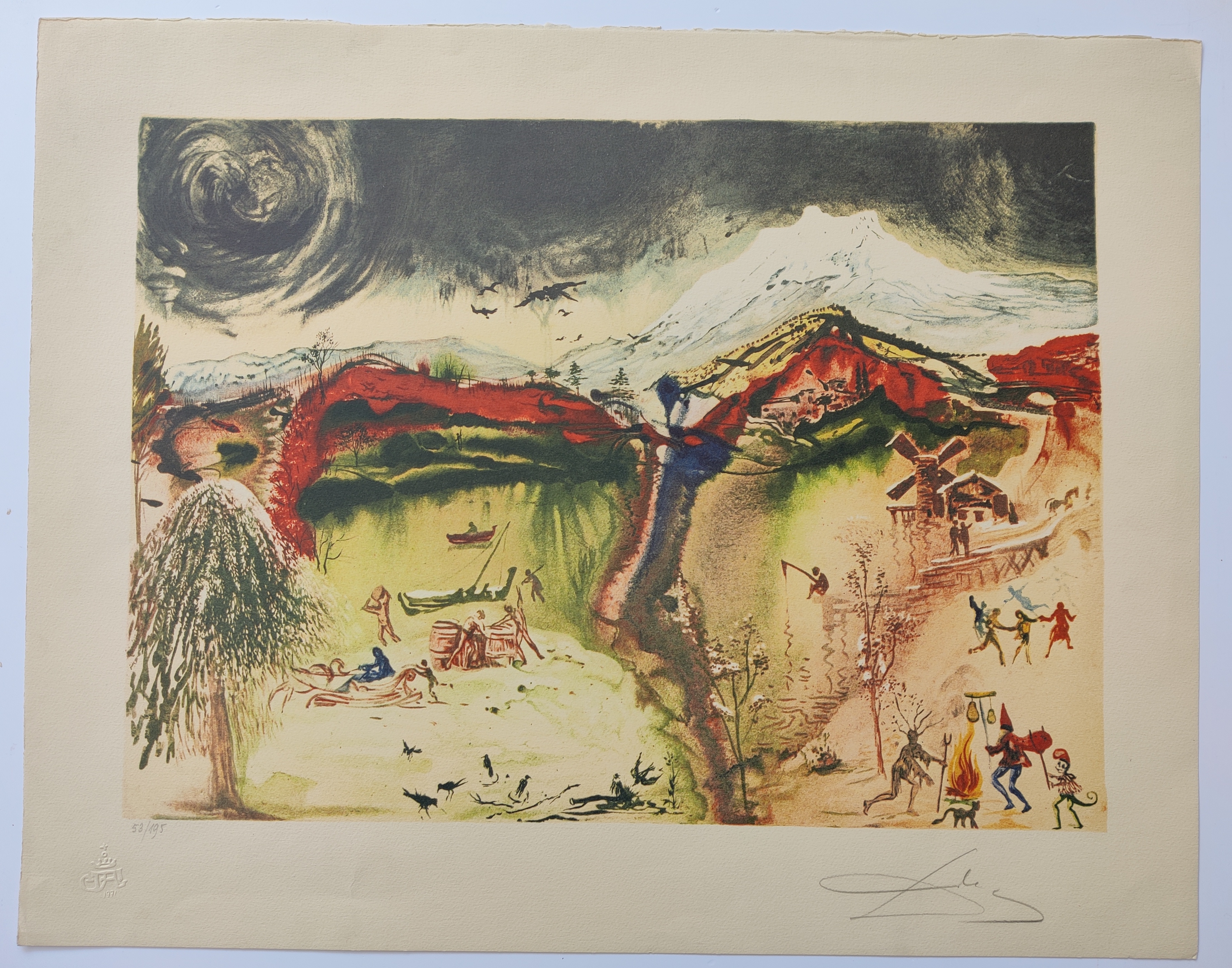 A painting of a landscape with people in the snow.