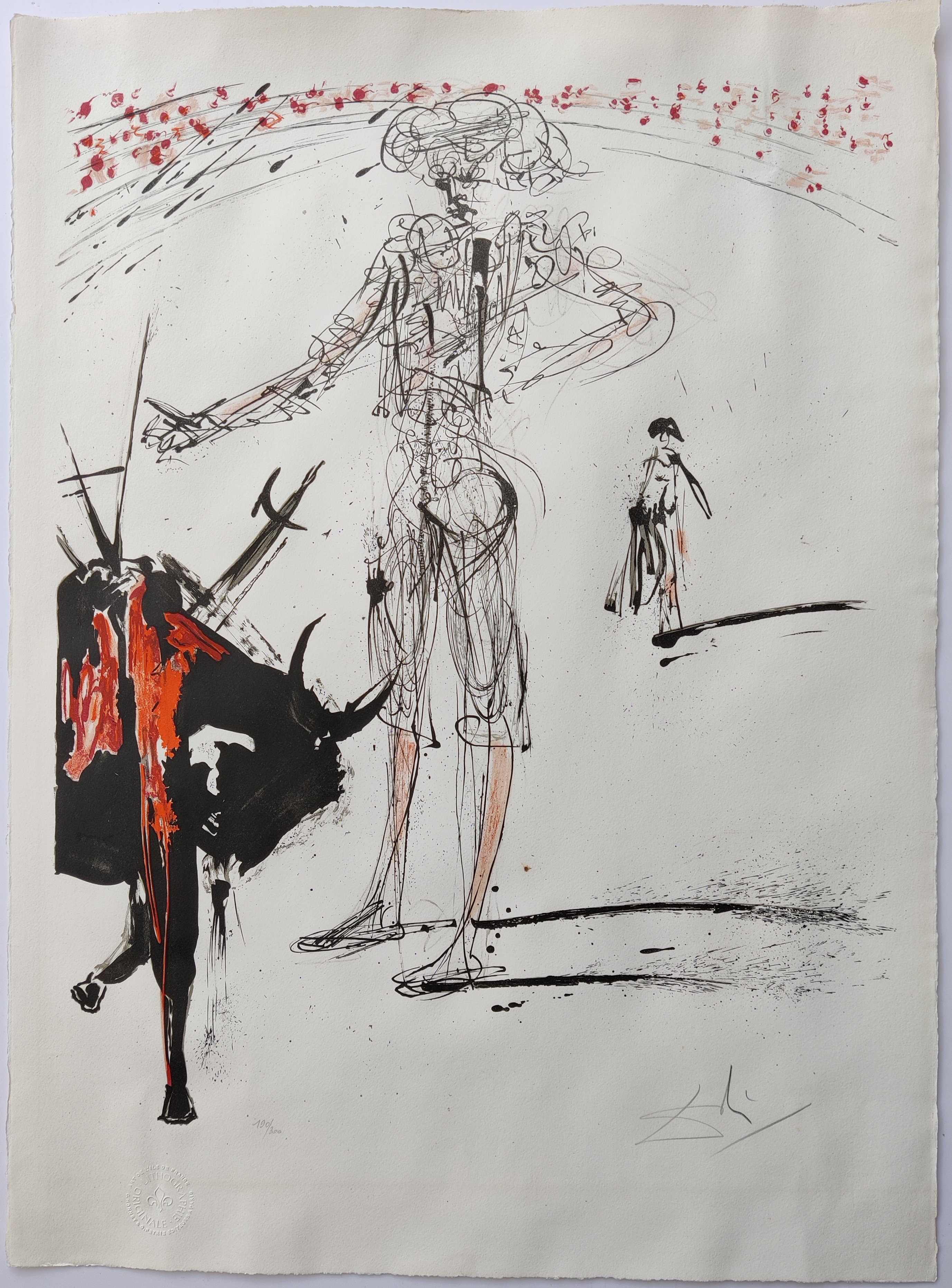 A drawing of a man standing next to a bull.