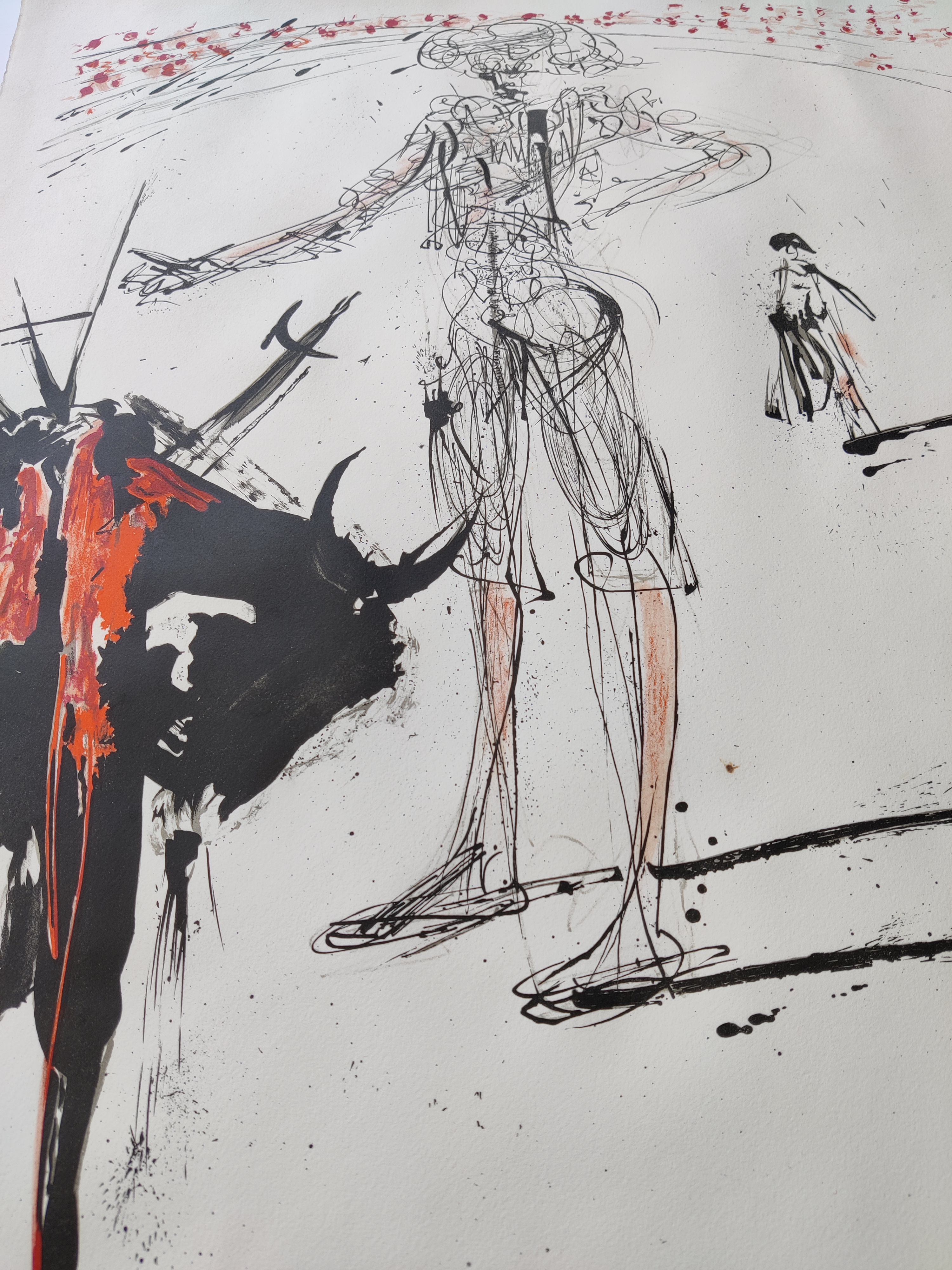 A drawing of a man standing next to a bull.