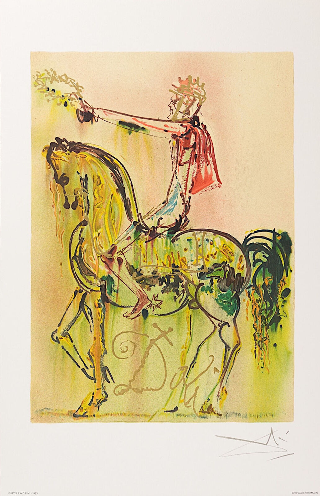 A painting of a man on a horse with a flower in his hand.