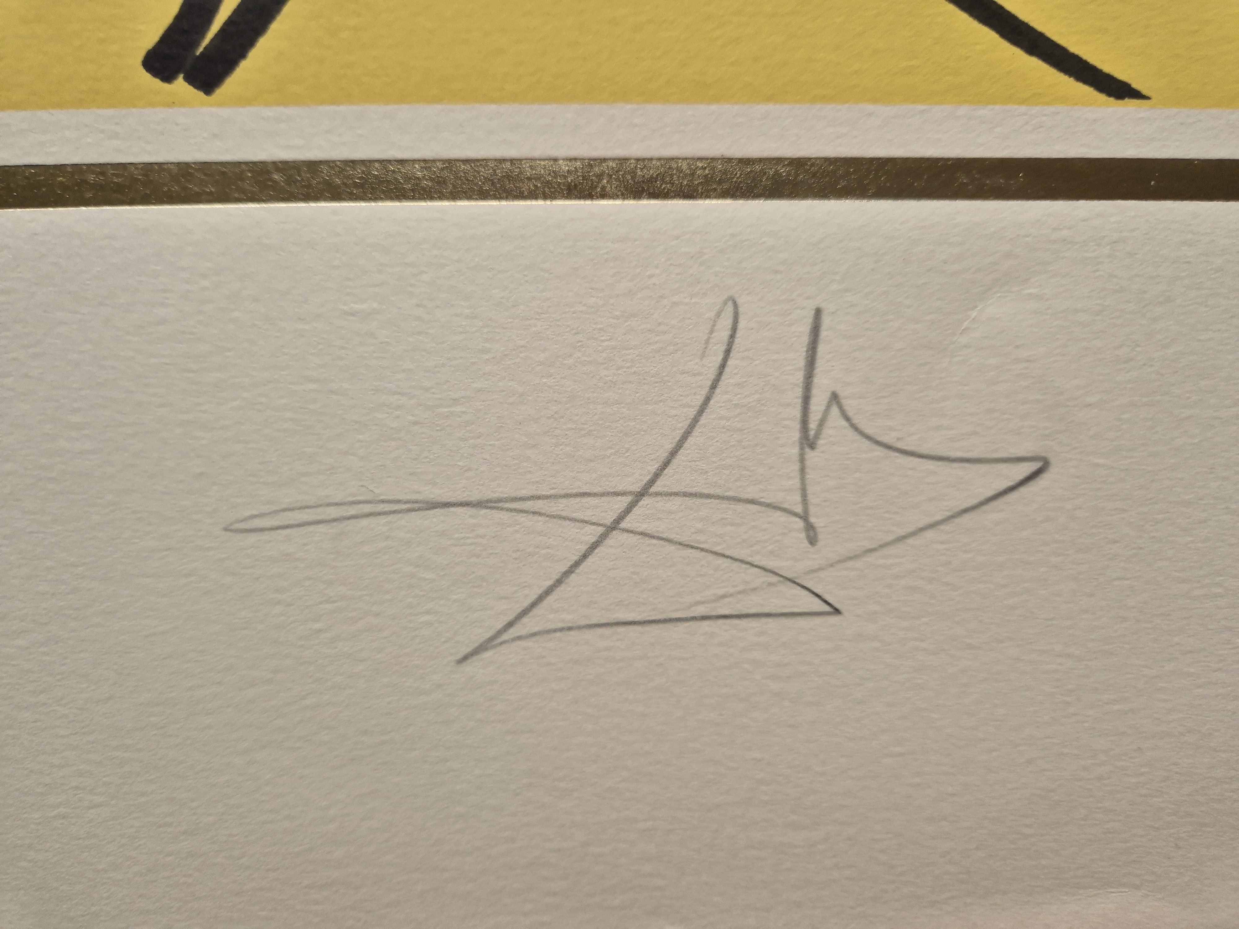 A painting of a man playing a guitar on a yellow background.