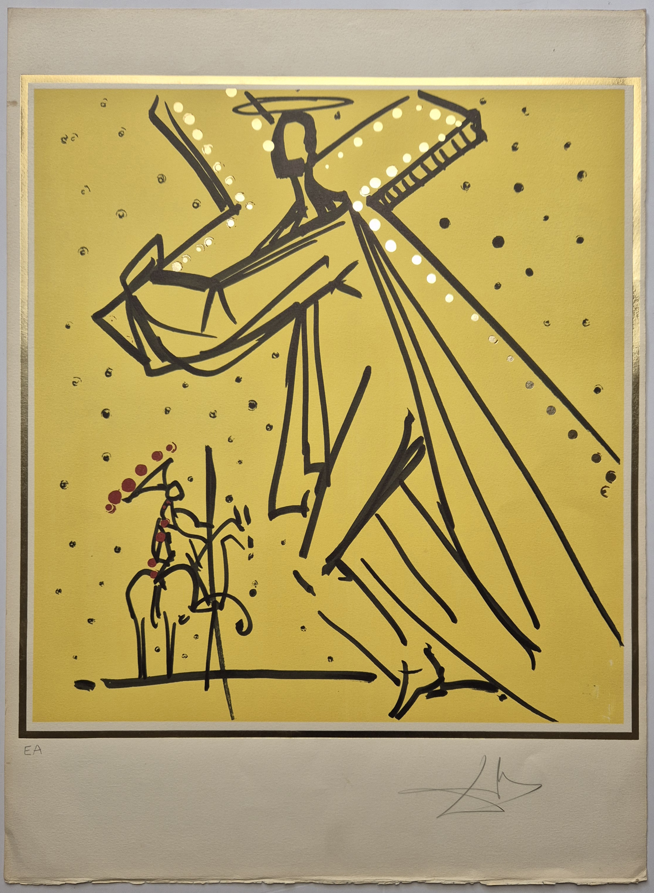 A painting of a man playing a guitar on a yellow background.